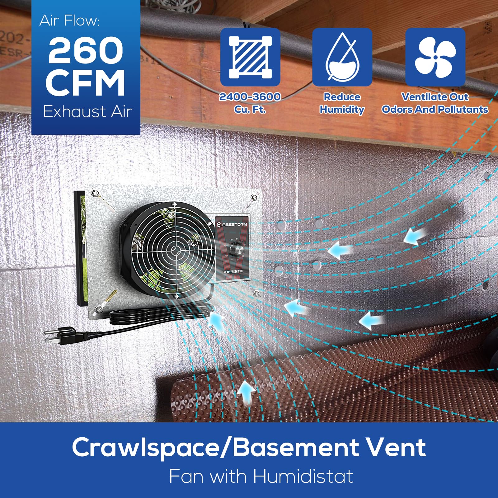Abestorm 260Cfm Crawlspace Ventilation Fans, Ip-55 Rated Exhaust Fan With Humidistat Thermostat, 6.7 Inch Basement Vent Fan With