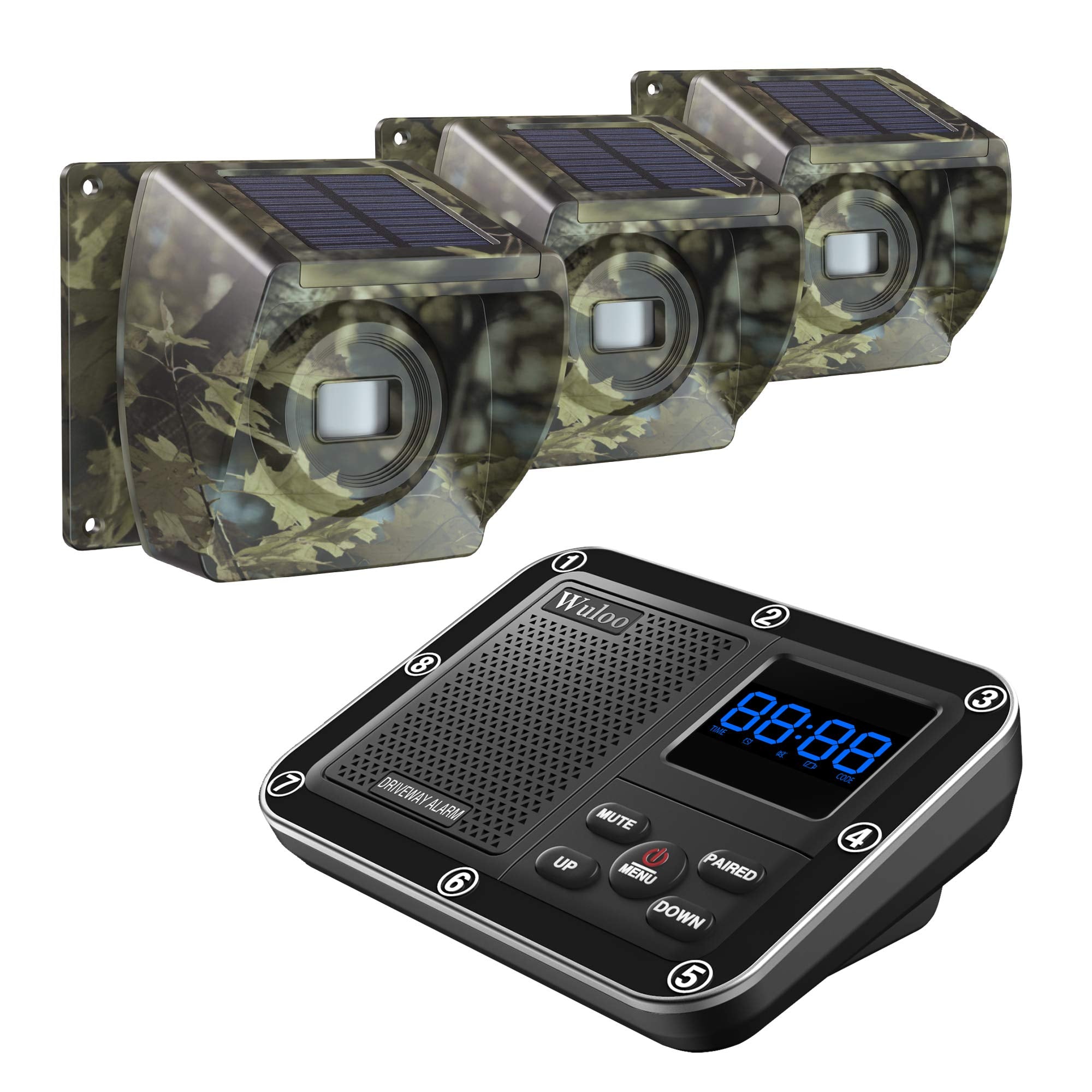 Solar Driveway Alarm Wireless Outside 1800Ft Range, Outdoor Motion Sensor & Detector Driveway Alert System With Rechargeable Battery/Weatherproof/Mute Mode (1&3 Camouflage)
