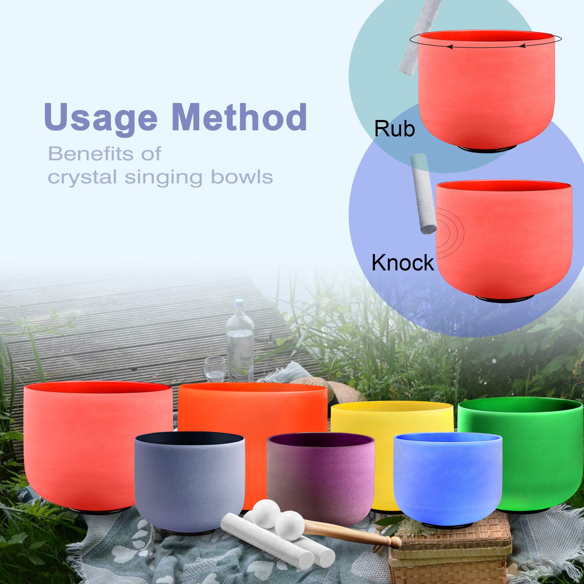 Ryan Dvan 432 Hz 7 12 Inch Set Of 7 Chakra Symbol Design Frosted Quartz Crystal Singing Bowl Set With Free 2 Pcs Carrying Case