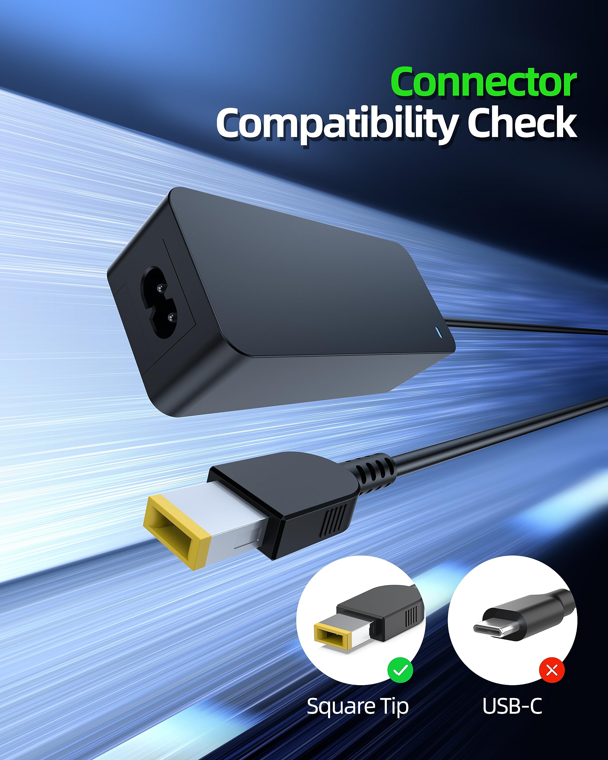 Charger Fits For Lenovo Laptop, Square Tip 65W, Ul Certified(Meets Highest Safety Standard), Charging Light, Thinkpad T/E/L/X Series, Yoga 720 730, Adlx65Ncc2A Adlx65Ndc2A Laptop Power Replacement