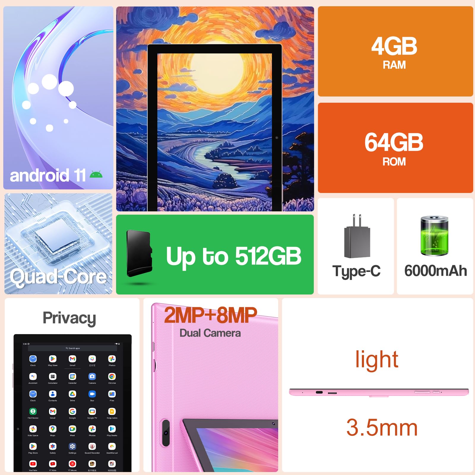 Yqsavior Tablet 10 Inch, 2 In 1 Tablet With Keyboard, 4Gb+64Gb Android 12 Tablet Pc, Quad Core, 1280 * 800 Hd Screen, Dual Camer