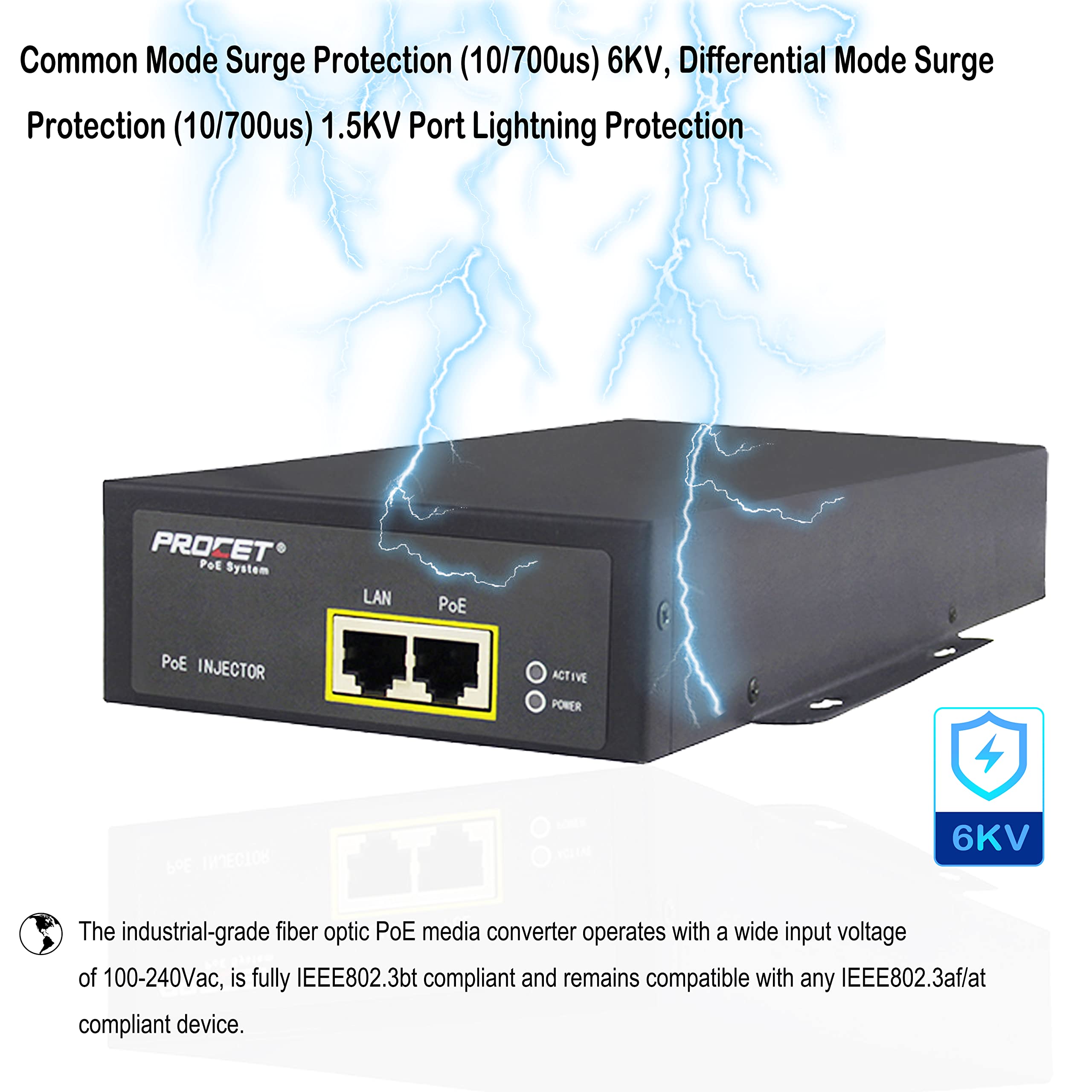 Procet Single Port Gigabit Industrial Power Over Ethernet Active Poe Injector 95W 55V Output With Wide Temperature And 6Kv Surge