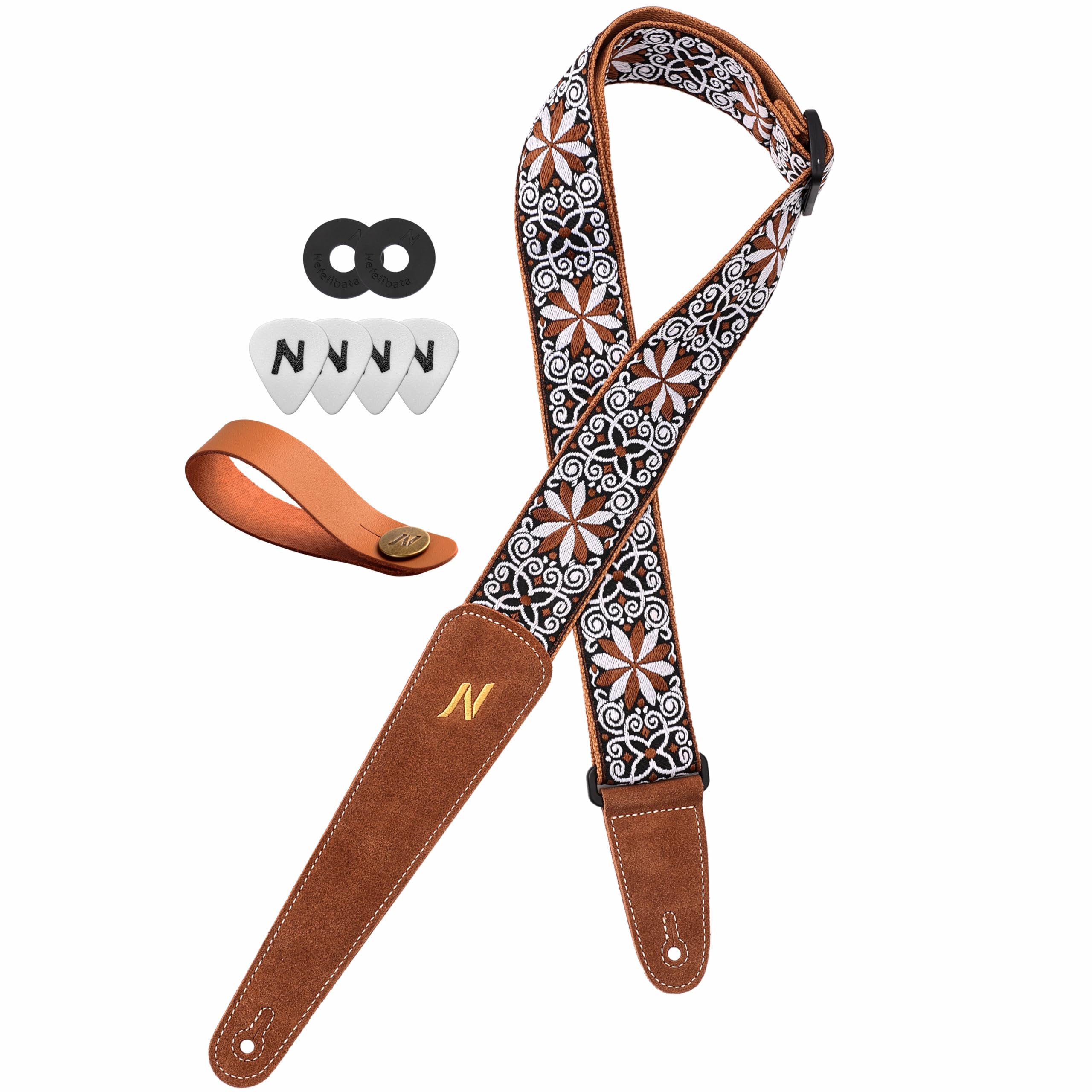 Nefelibata Guitar Strap, Yellow Flowers, Three Spikes Leather Ended Acoustic Guitar Electric Guitar Bass Guitar Straps, Free wit