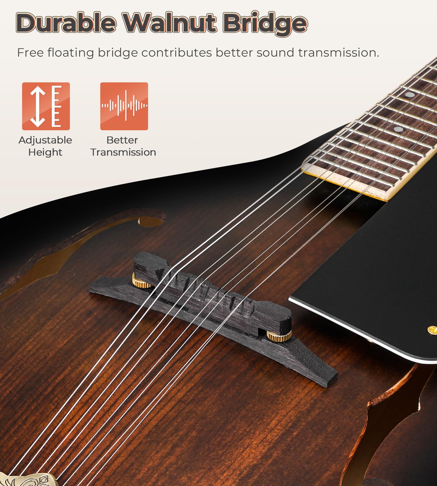 Vangoa Mandolin Instrument A Style, Acoustic Mandolin Musical Instrument Solid Spruce Top 8 String Mandolin For Beginners, Adult