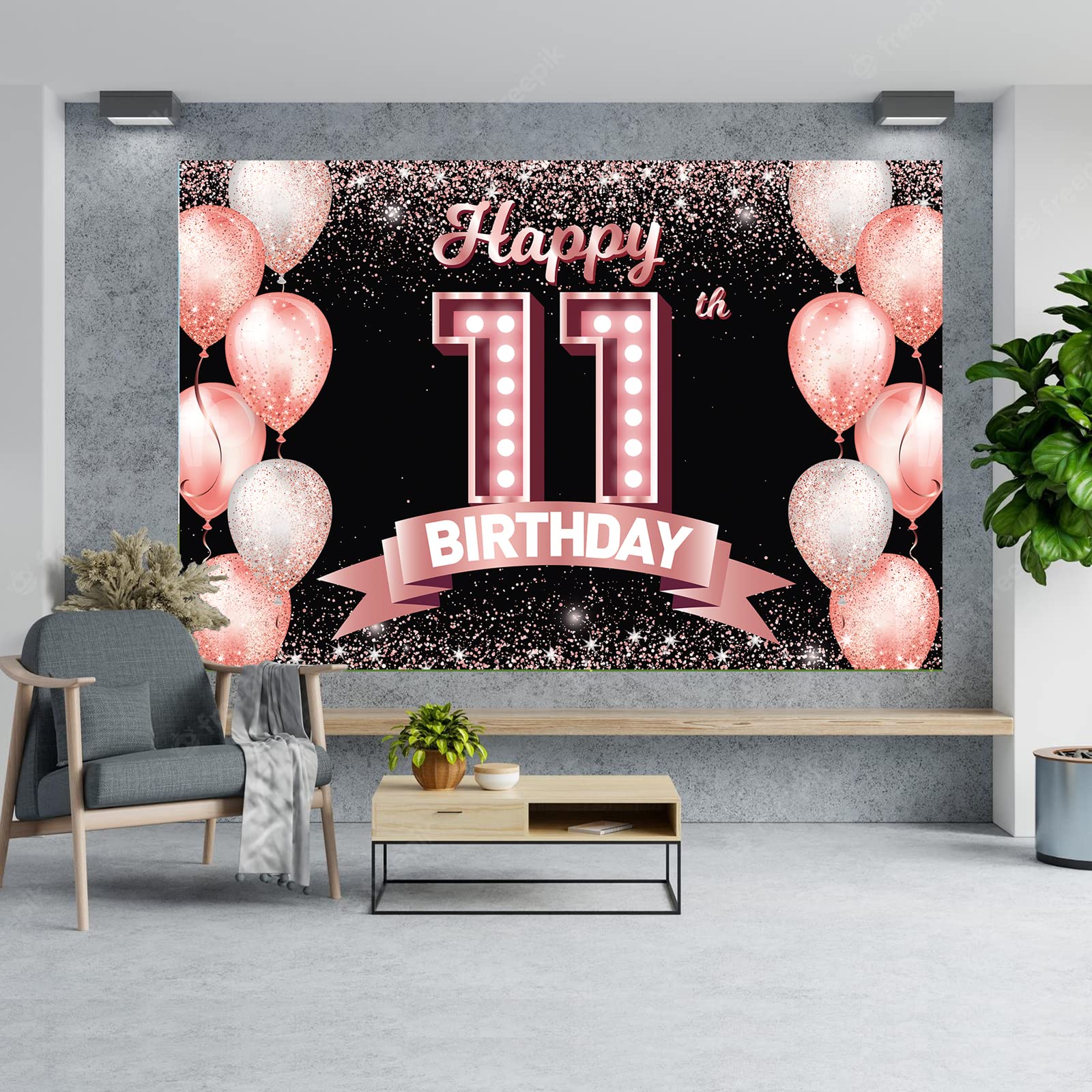 Happy 11Th Birthday Rose Gold Banner Backdrop Cheers To 11 Years Old Confetti Balloons Theme Decor Decorations For Girls 11 Year