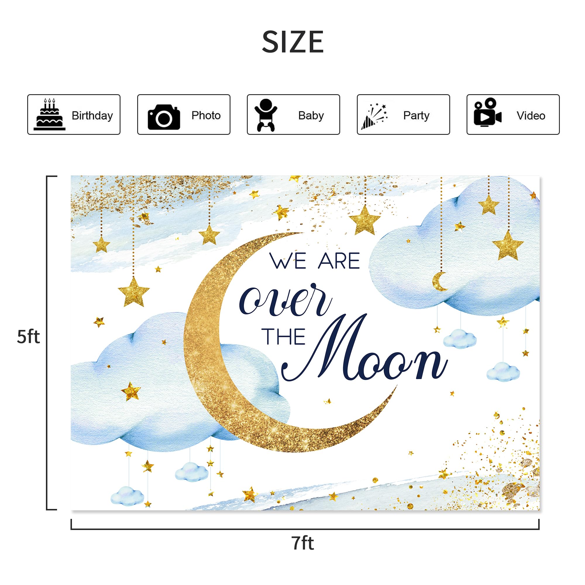 Lightinhome We Are Over The Moon Baby Shower Backdrop 7Wx5H Feet For Boys Blue Watercolor Shinning Stars Gold Dots Clouds Celest