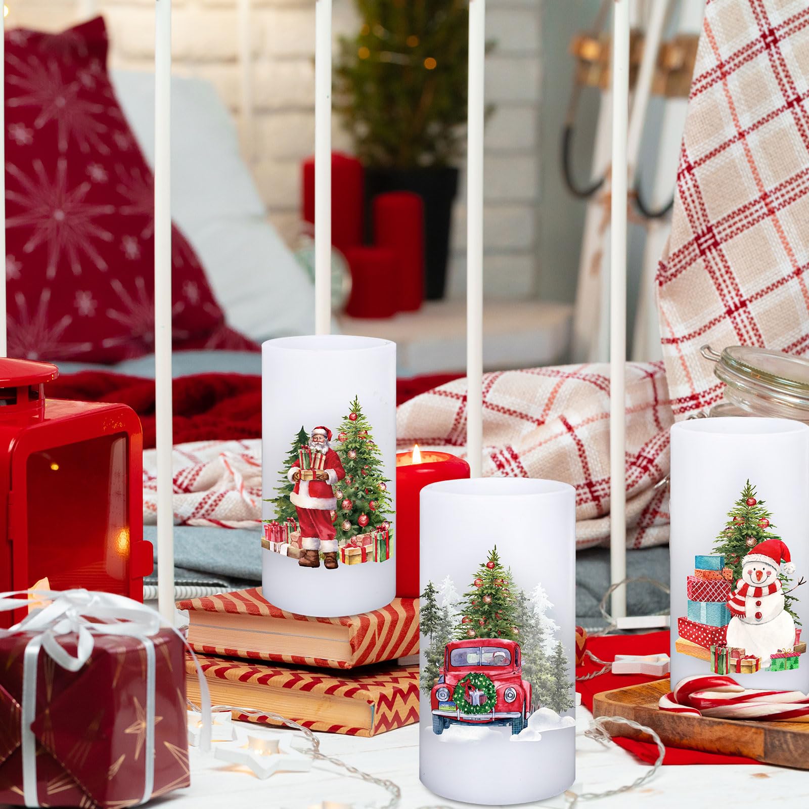 Whaline Christmas Led Flameless Candles Santa Snowman Tree Warm Light Battery Operated Pillar Candles Xmas Watercolor Electric F