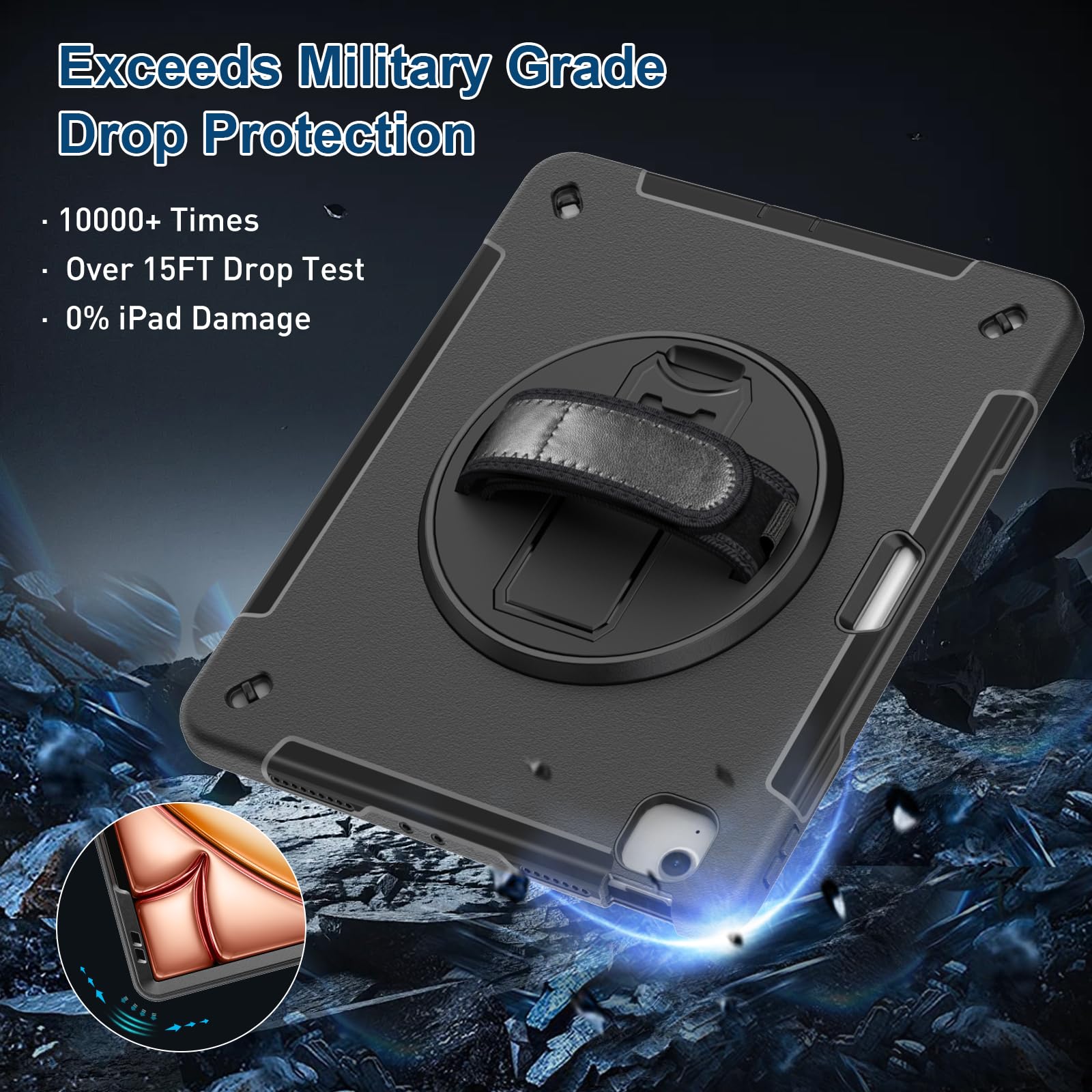 Supfives Case For Ipad Air 13 Inch 2024,With Screen Protector+Hand Strap+Shoulder Strap+Rotating Kickstand+Pencil Holder,Black