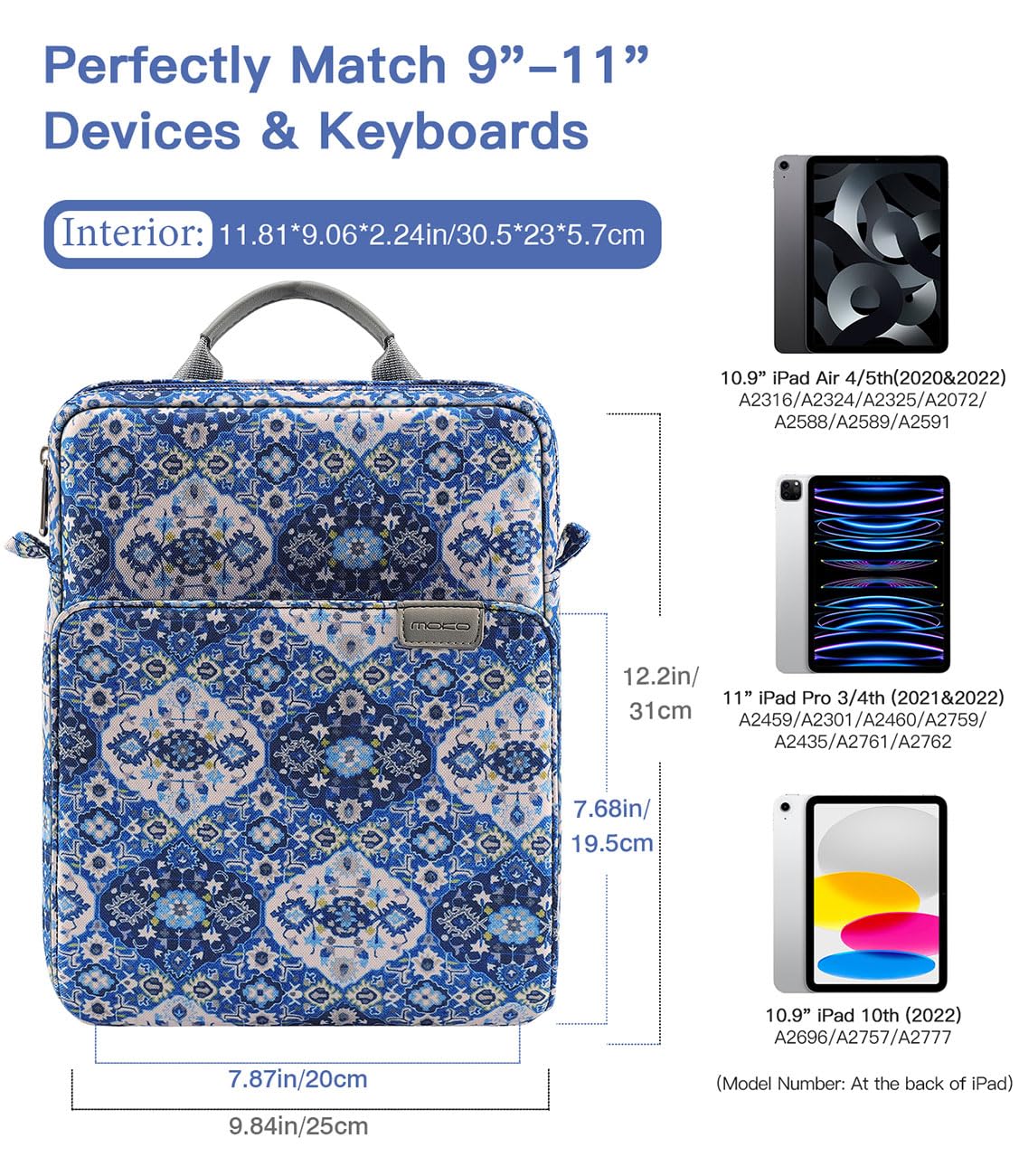 MoKo 9 11 Inch Tablet Sleeve Bag Handle Carrying Case with Shoulder Strap Fits New 11 inch iPad Pro M4/iPad Air M2, iPad 10th 10.9, iPad 9/8/7th 10.2, iPad Air 5/4th 10.9, Tab S8/S9 11, Blue Bohemia