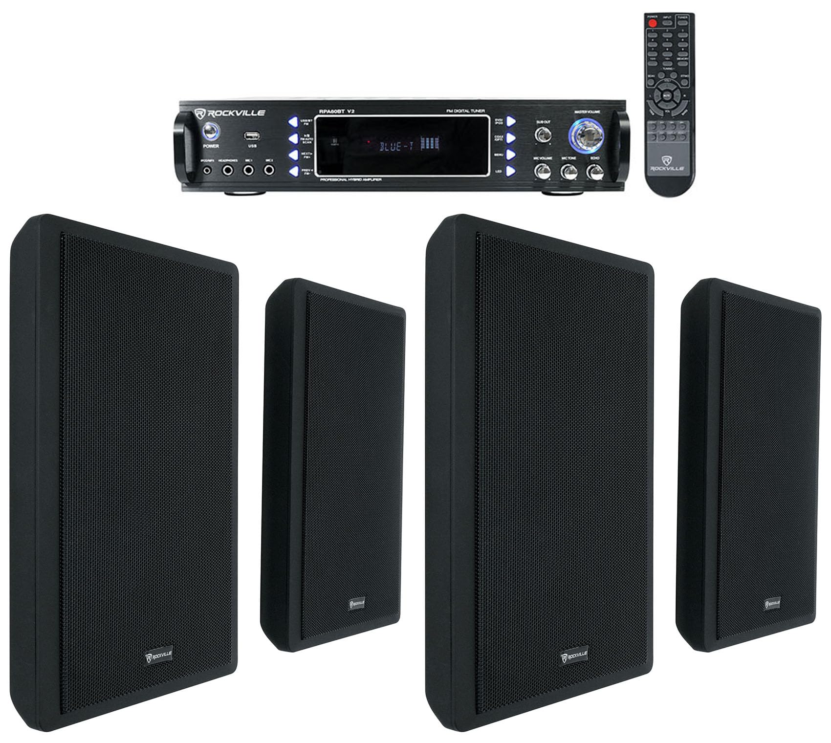 Rockville RockSlim Black Bundle: (4) 5.25 240W Peak Per Pair Wall Mount Speakers, RPA60BT V2 1000W 2-Channel USB Bluetooth Karao
