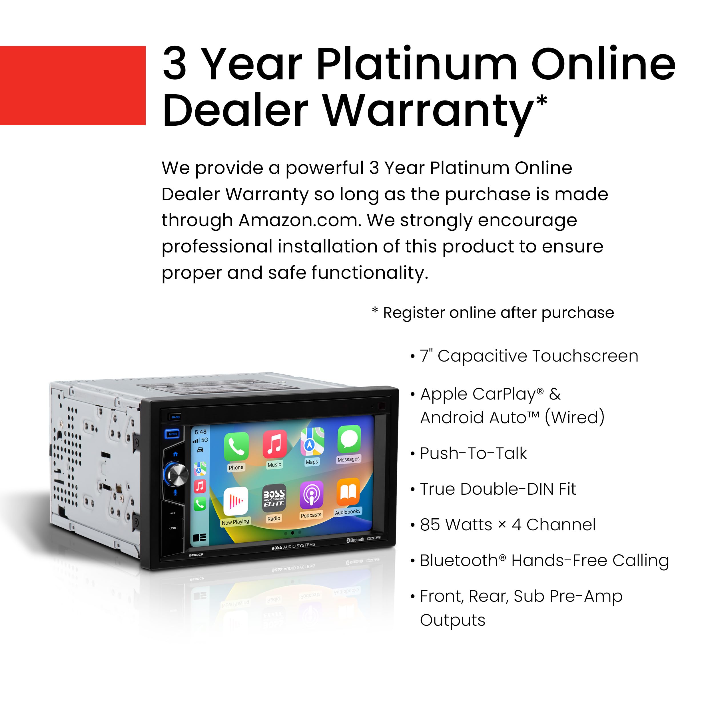 Boss Audio Systems Elite Series Be62Cp Car Stereo   Apple Carplay, Double Din, 6.2 Inch Touchscreen, Bluetooth, No Cd Dvd Player