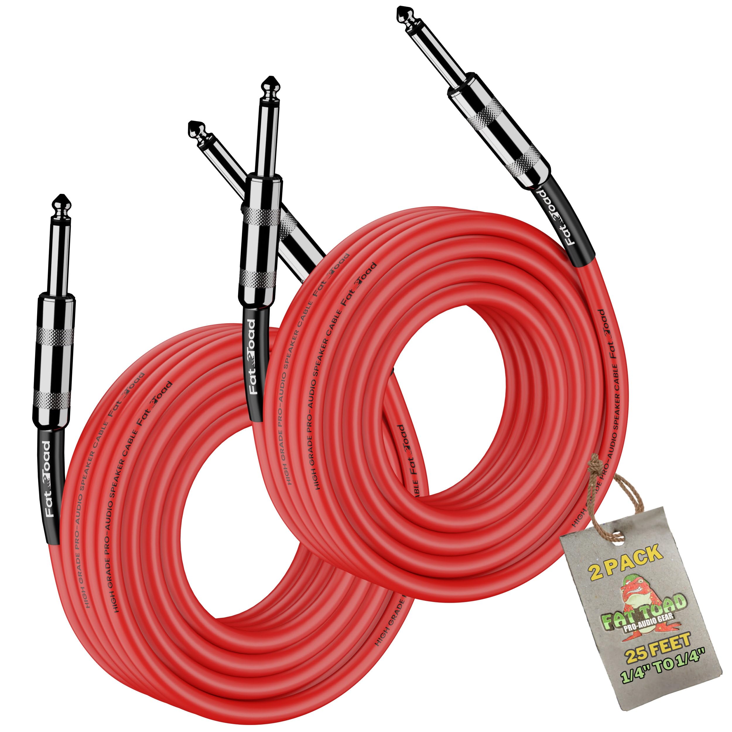 Fat Toad 1/4'' To 1/4 Male Jack Speaker Cables (2 Pack) 25Ft Professional Pro Audio Red Dj Speakers Pa Patch Cords | Quarter Inc