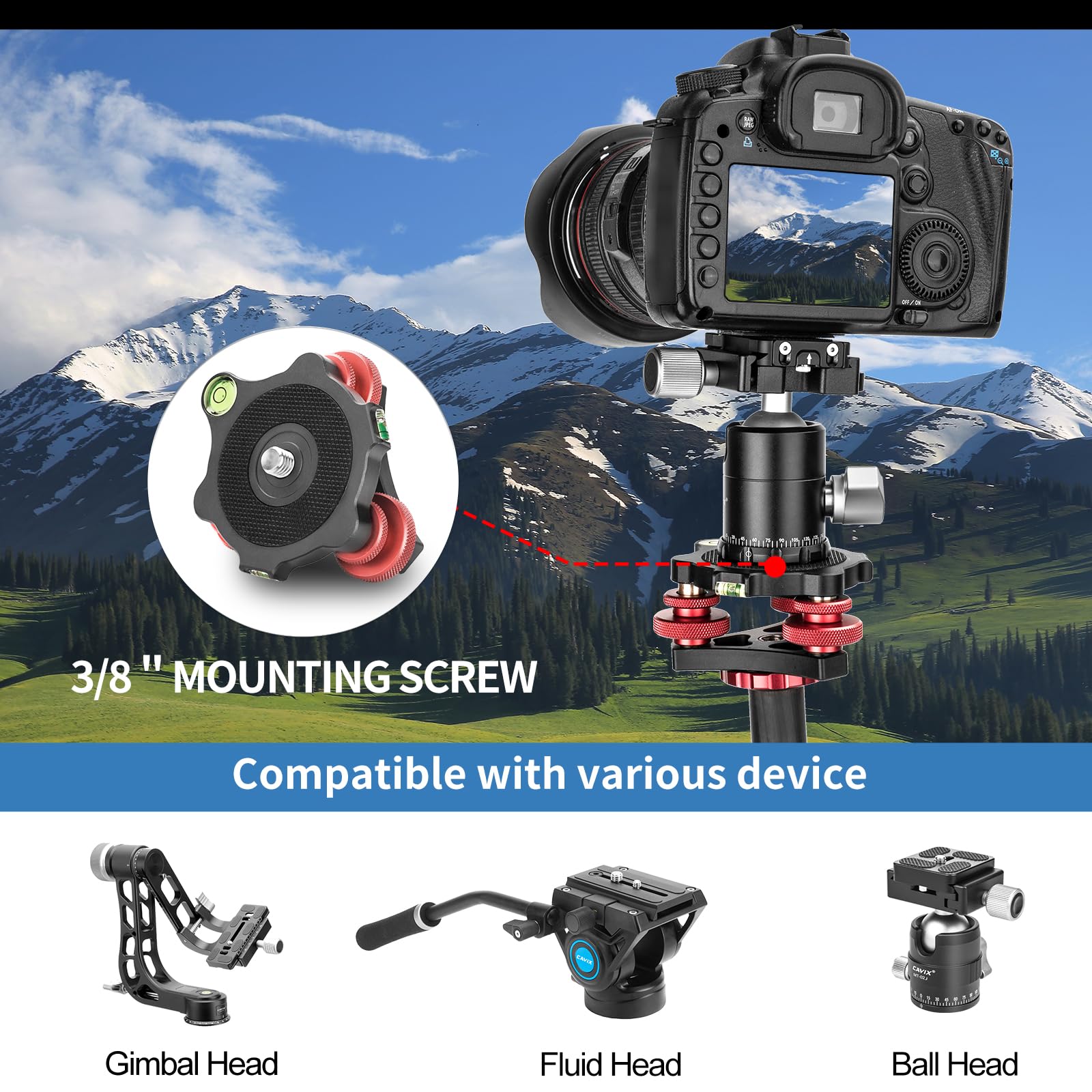 Camerig Tripod Head Leveling Base Camera Leveler, Aircraft Grade Aluminum Alloy 3 Axis Tri Wheel Head, 3/8    Thread, With +/ 5