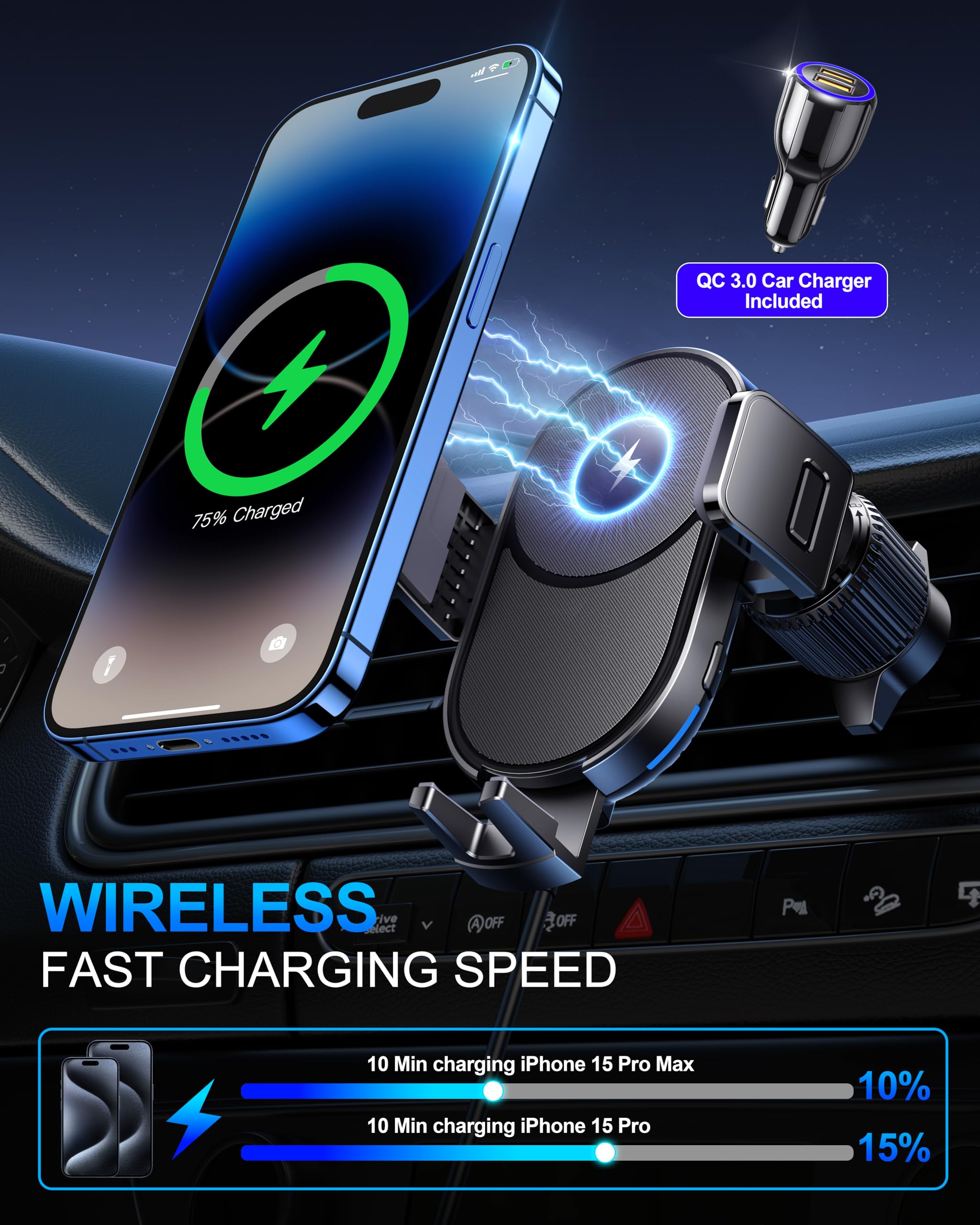 Wireless Car Charger, 15W Fast Charging Auto Clamping Car Phone Holder Wireless Charger Air Vent Car Phone Mount Fit For Iphone