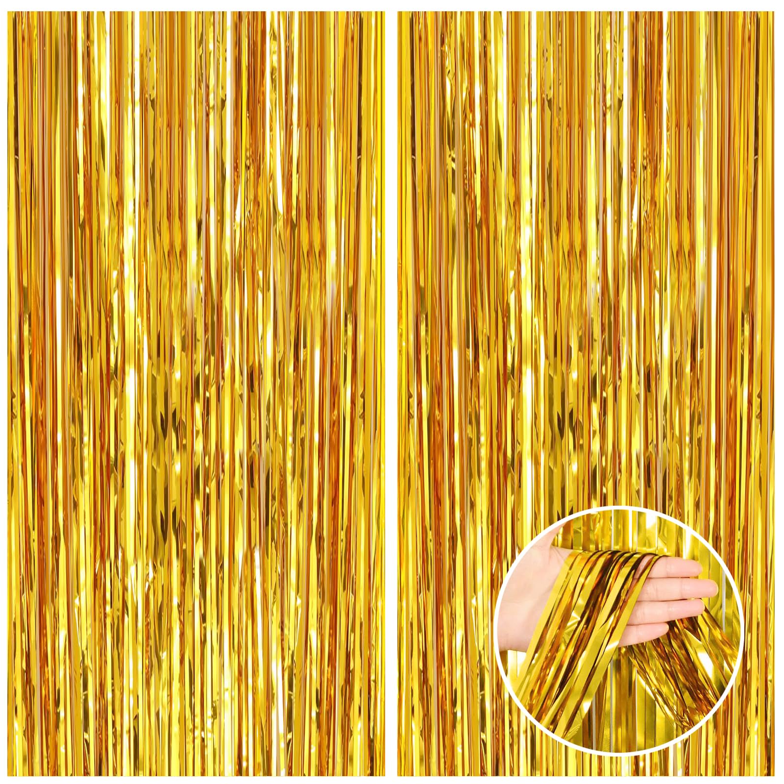 Canrevel 2 Pack 3.3X8.2 Feet Gold Foil Fringe Backdrop Curtains, Tinsel Streamers Birthday Party Decorations, Fringe Backdrop Fo