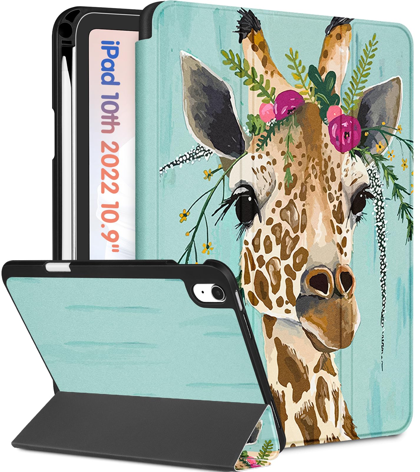 Wazzasoft For Apple Ipad 10Th Generation Case 10.9 Inch Cute Women Girls Folio Cover Teens Giraffe Design Unique Cool With Penci