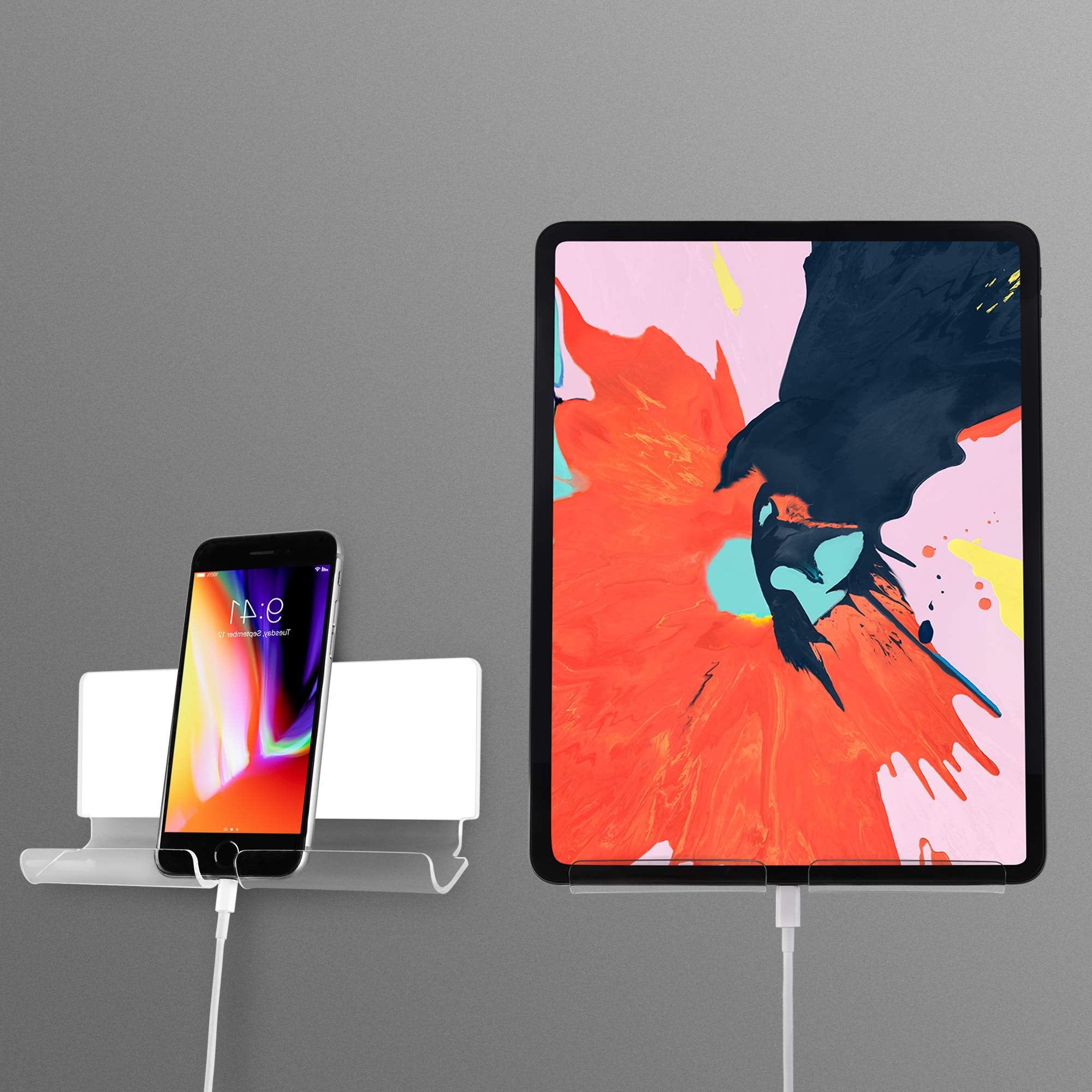 Txesign Adhesive Wall Phone Tablet Holder Mount Stand For Tablet Smartphones Ereader Wall Holder Mount (Silky White & Transparen