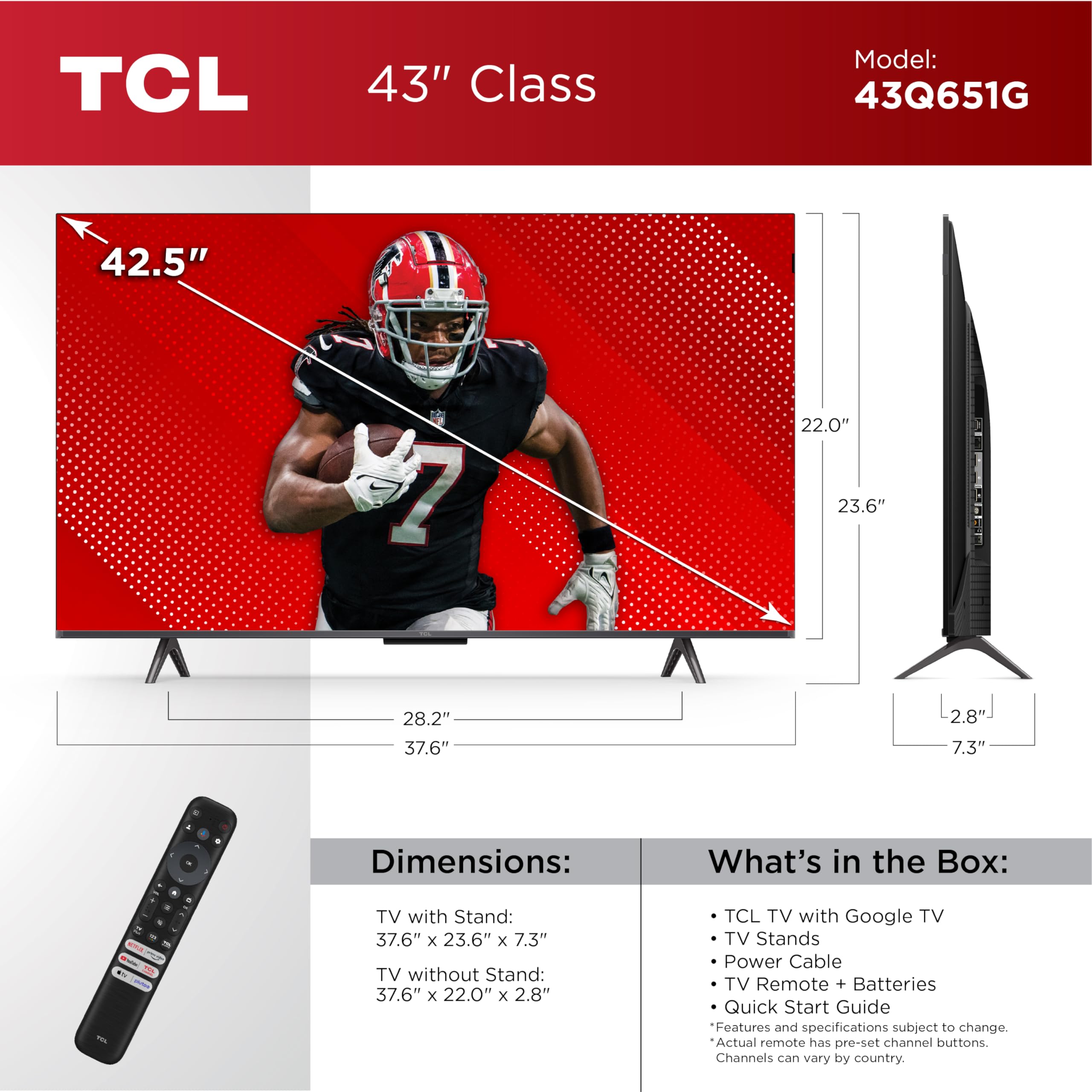 Tcl 43-Inch Q65 Qled 4K Uhd Smart Tv With Google Tv (43Q651G, 2024 Model) Dolby Vision, Dolby Atmos, Hdr Pro+, Game Accelerator