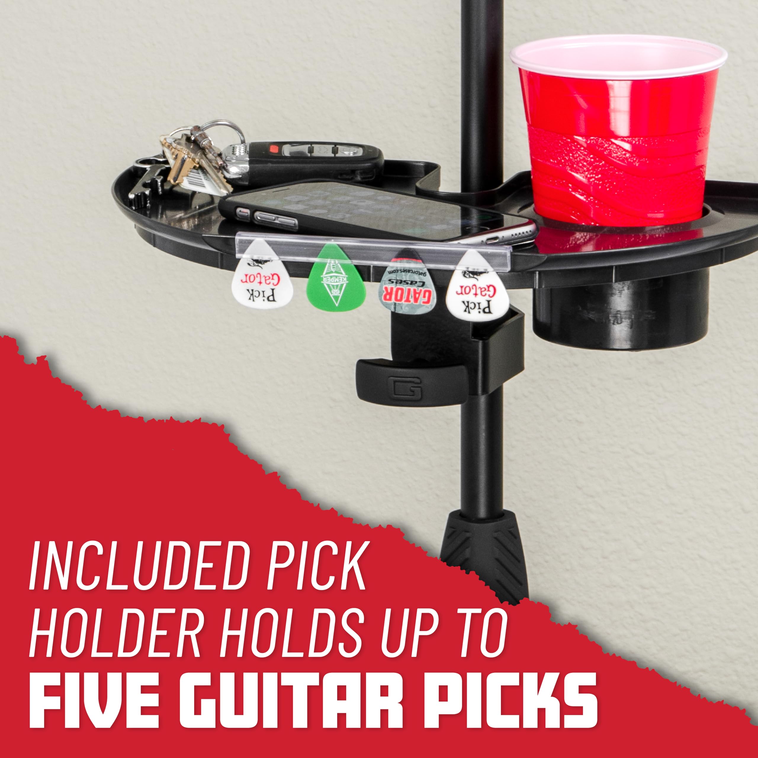 Gator Frameworks Microphone Stand Accessory Tray With Drink Holder And Guitar Pick Tab, 12 X 7 (Gfw-Mic-Acctray)