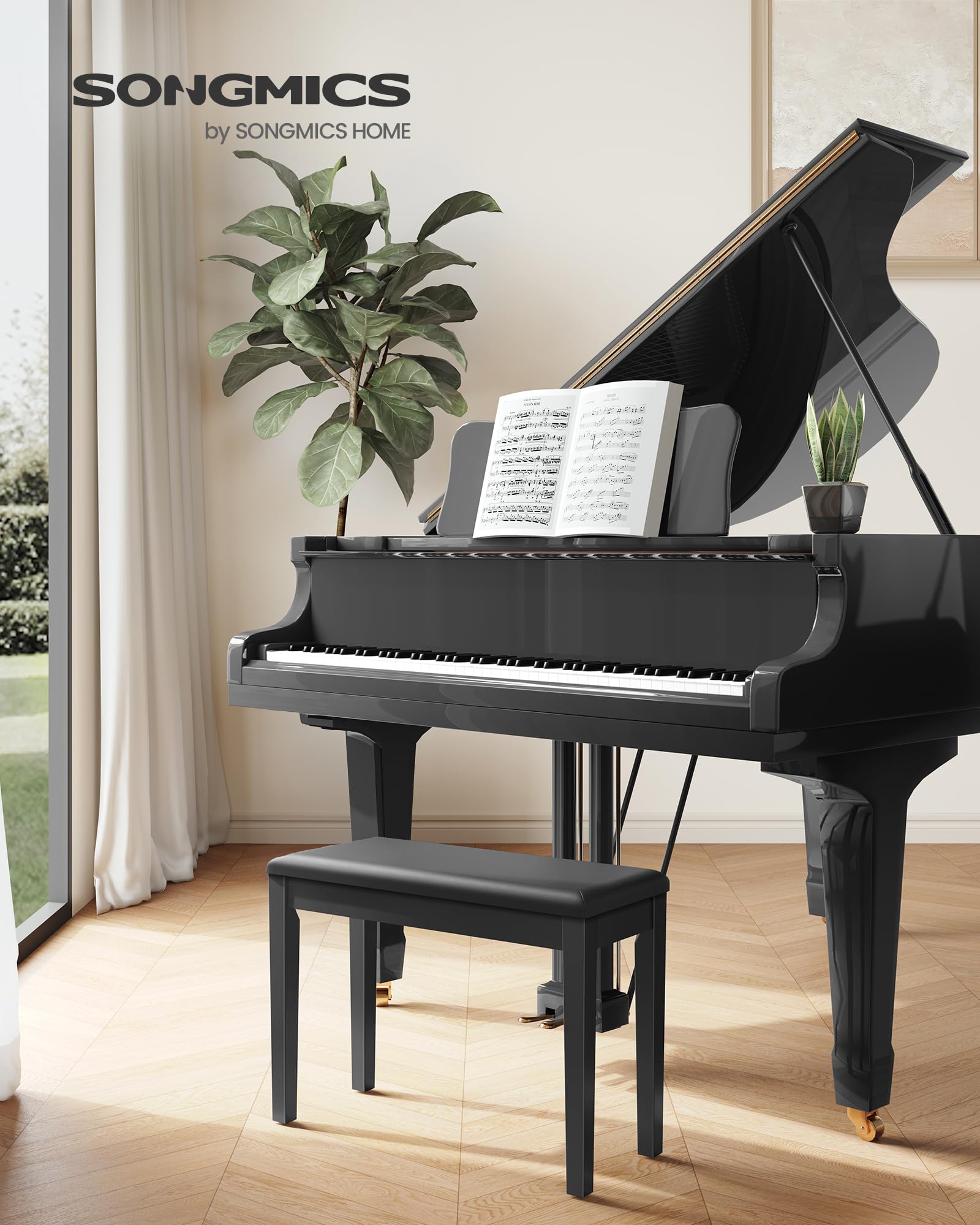 Songmics Duet Piano Bench With Padded Cushion And Storage Compartment, Piano Chair Seat, 13.4 X 29.1 X 19.7 Inches, Ink Black Ul