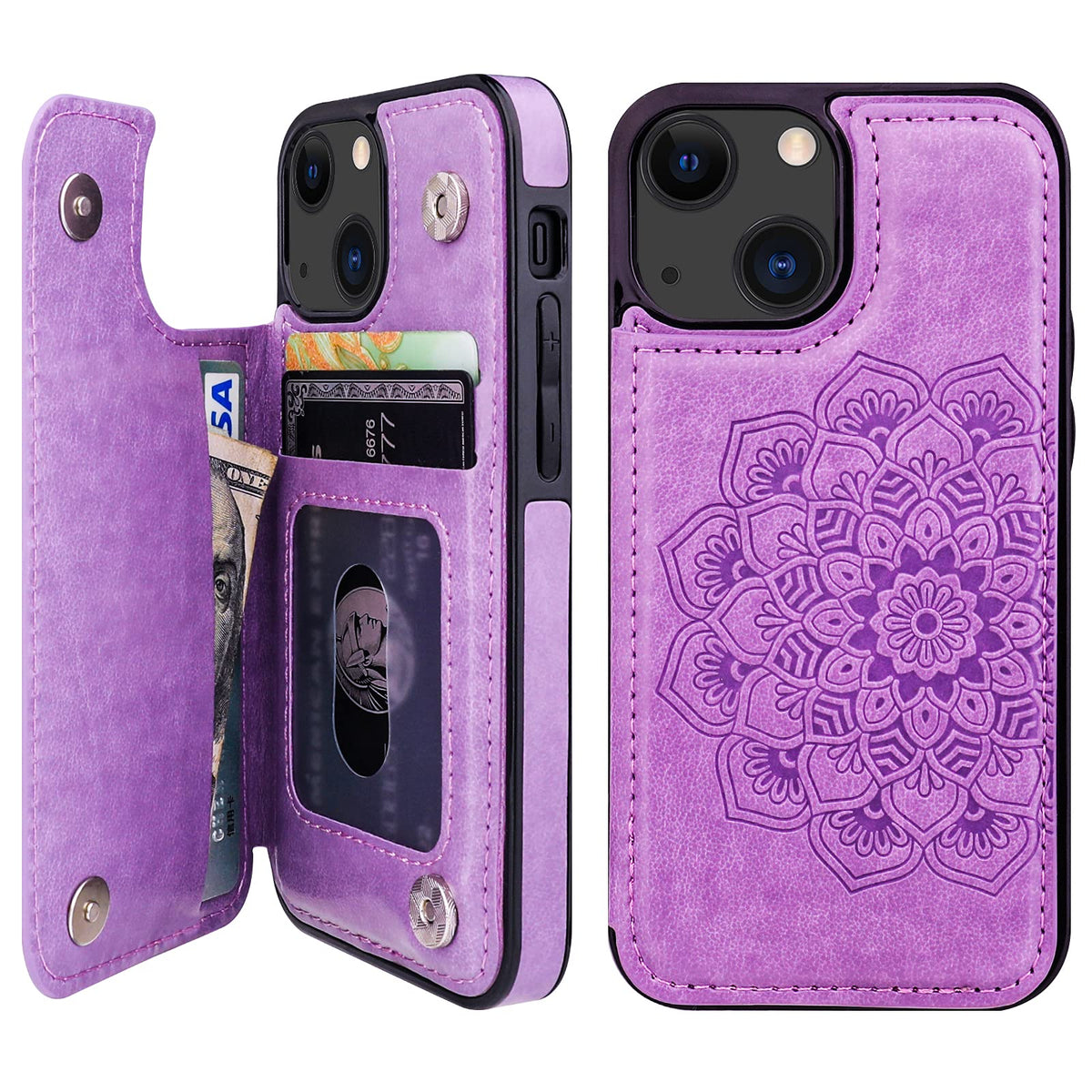 Vaburs Compatible With Iphone 13 Mini Case Wallet With Card Holder, Embossed Mandala Pattern  Flower Pu Leather Double Buttons F