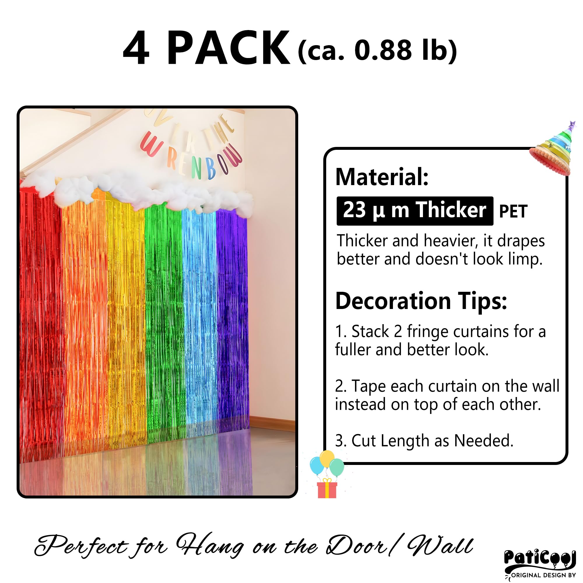 Paticool Rainbow Tinsel Foil Fringe Curtain Backdrop   Thicken 4 Pack 3.2 X 8.2 Ft   Glitter Rainbow Door Streamers Party Backdr