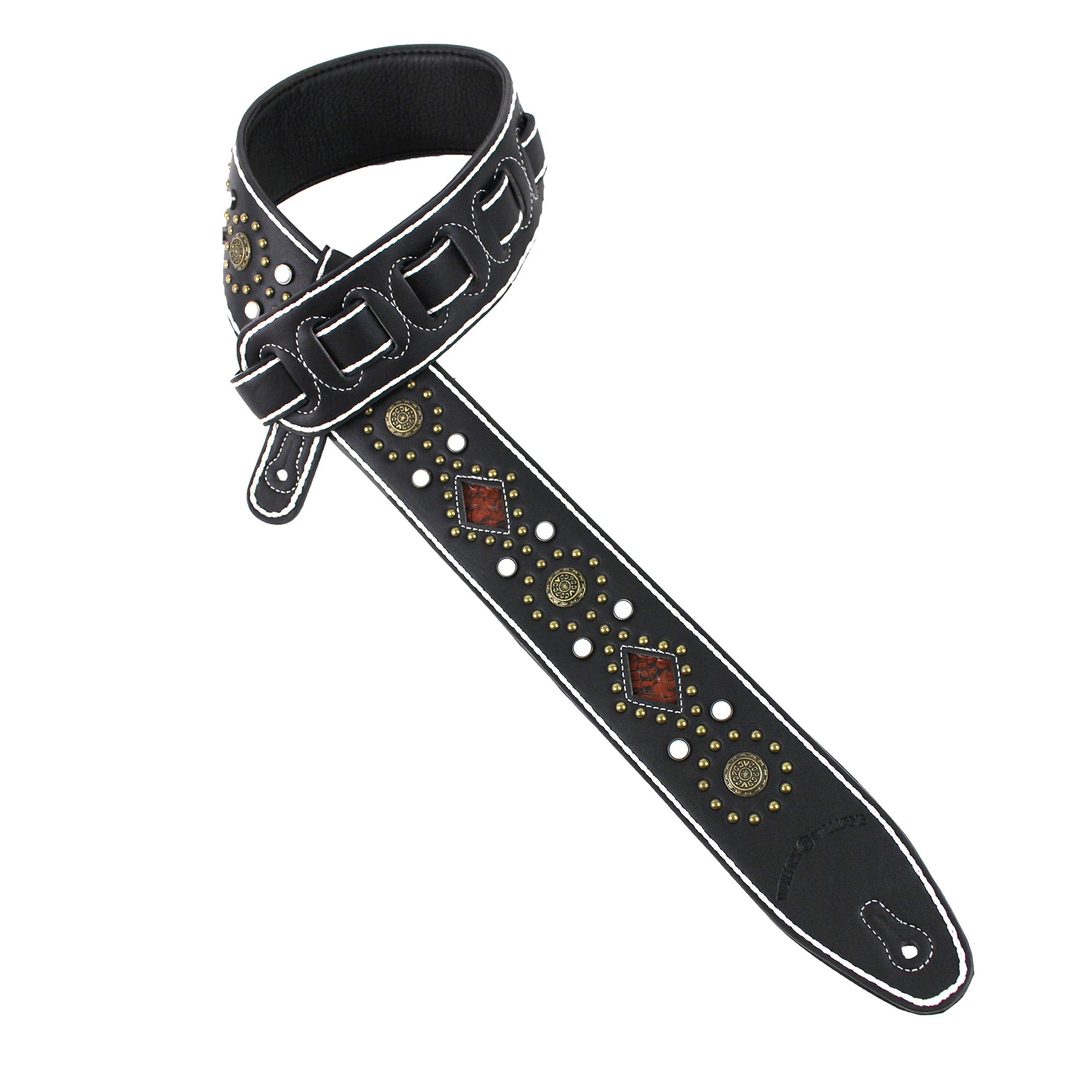 Walker And Williams Gtr 20 Wht Sedona Special Premium Black Padded Guitar Strap With White Stitching Brass Studs & Rivets For Ac