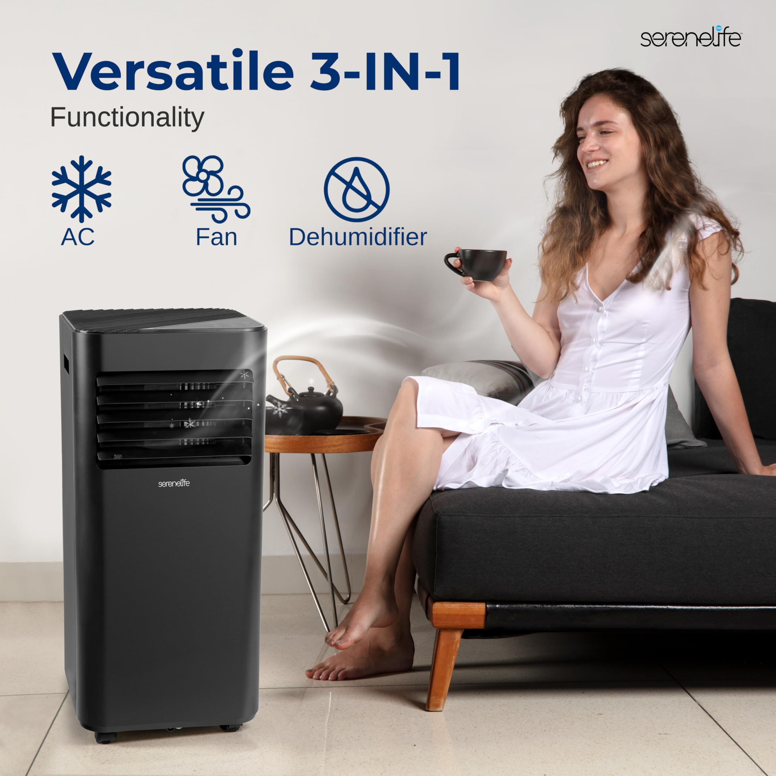 Serenelife 8000 Btu Portable Air Conditioner - 3-In-1 Compact Standing Air Conditioner For Room Up To 300 Sq. Ft. - Floor Ac Uni