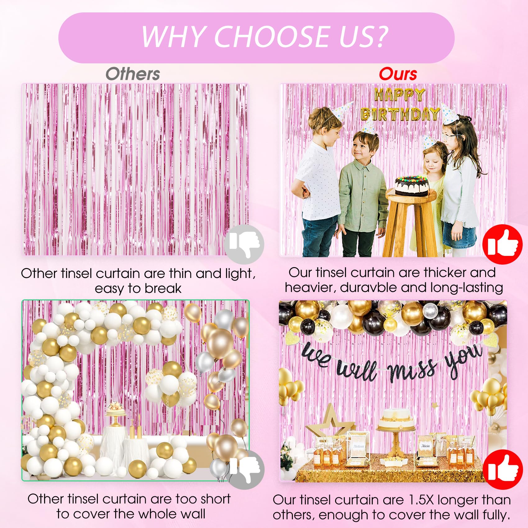 Tenlaitech Curtain Pink Foil Backdrop, 3 Pcs 3.3 X 9.9 Ft, For Galentines Day Decorations, Birthday, Graduation, Engagement Part