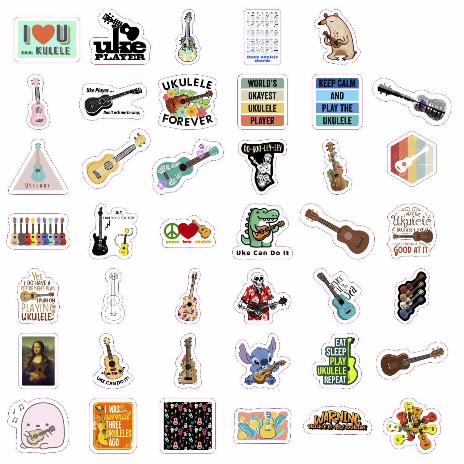 100Pcs Ukulele Stickers For Water Bottle And Laptop   Ukulele Party Favors & Decorations, Waterproof Vinyl Decals, Musical Instr