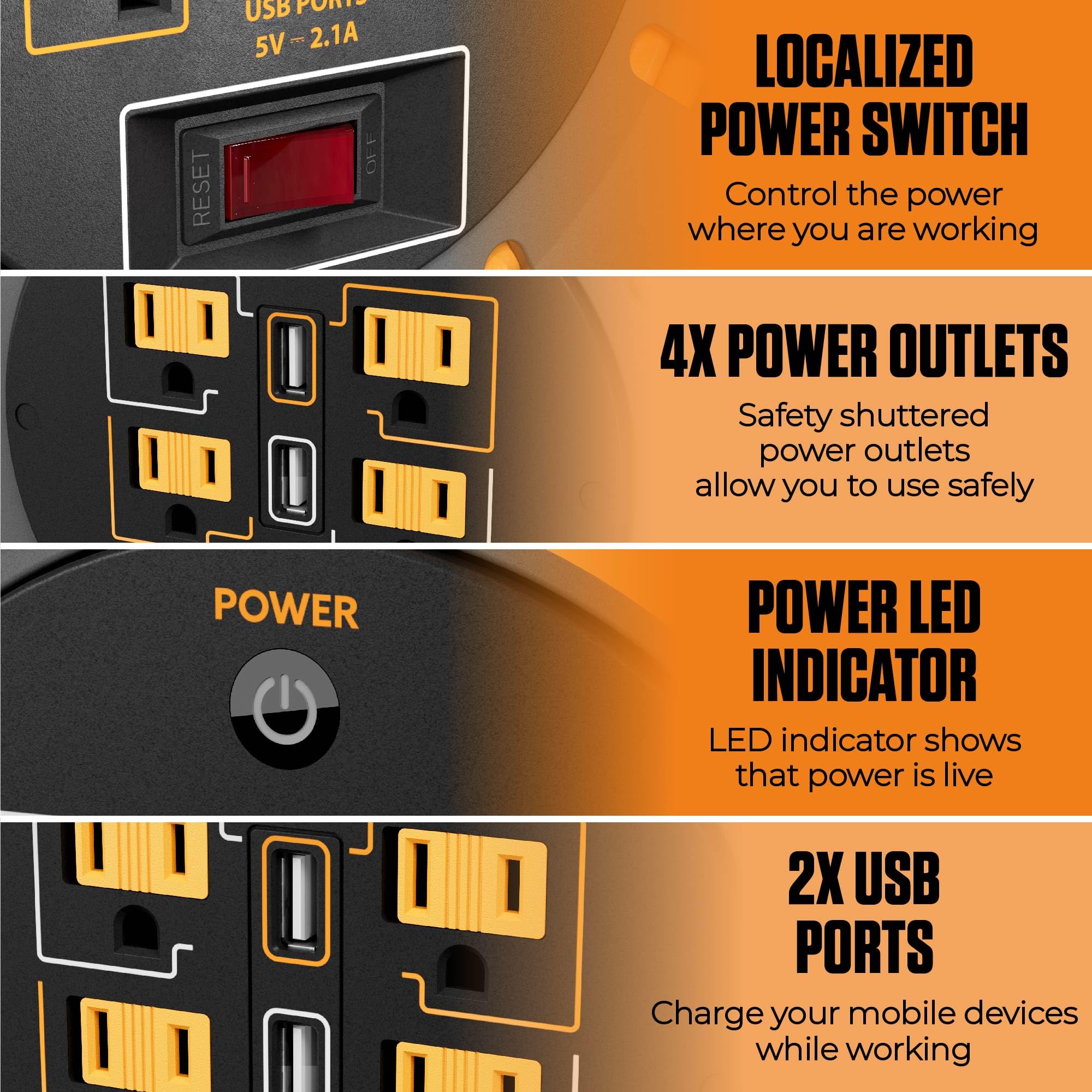 Masterplug 75Ft Cord Reel, Retractable Extension Lead With Winding Handle, Safety Overload Circuit Breaker And Power Switch, 4X