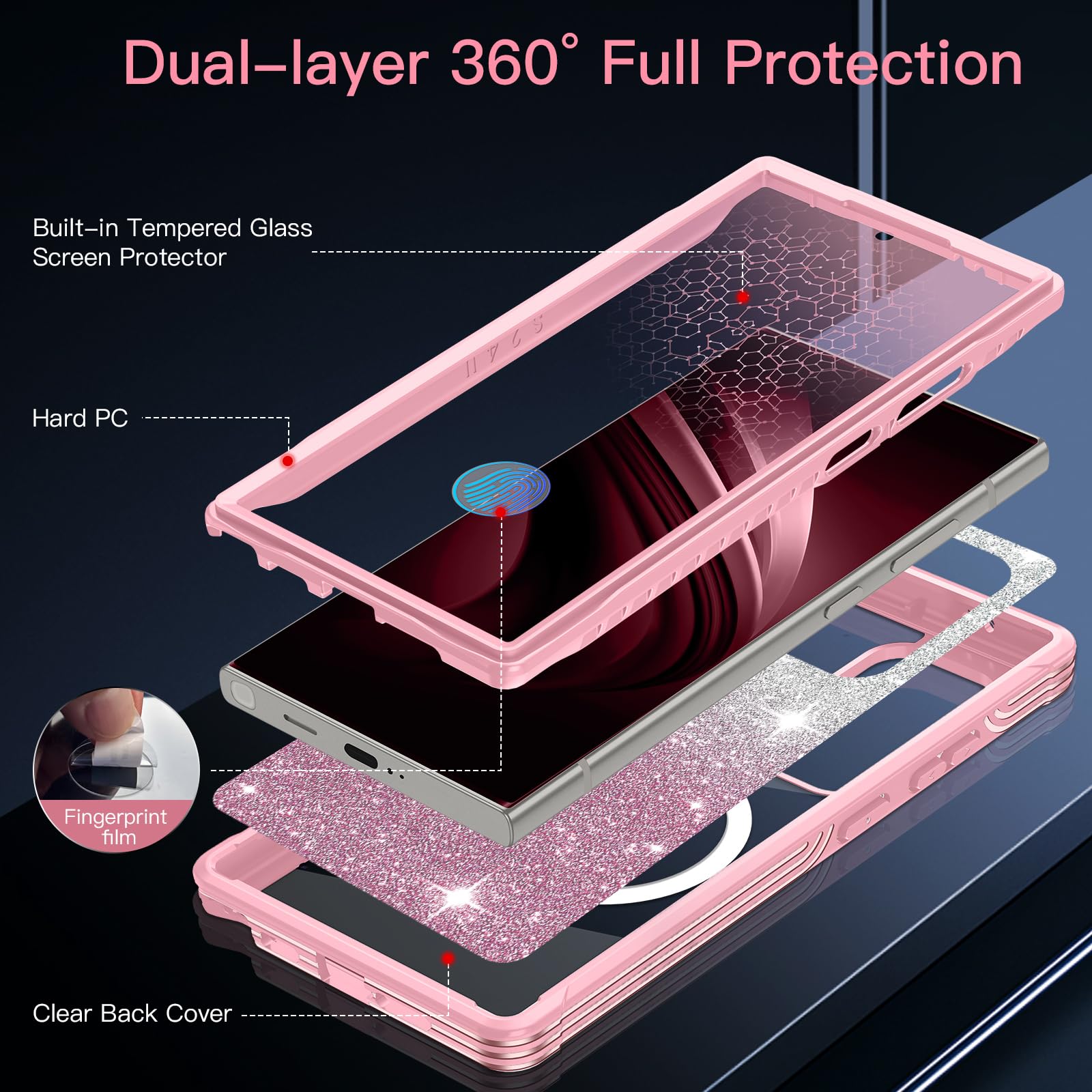 Hensione For Galaxy S24 Ultra Case,Compatible With Magsafe,Magnetic Glitter Case Built-In 9H Tempered Glass Screen Protector,Sho