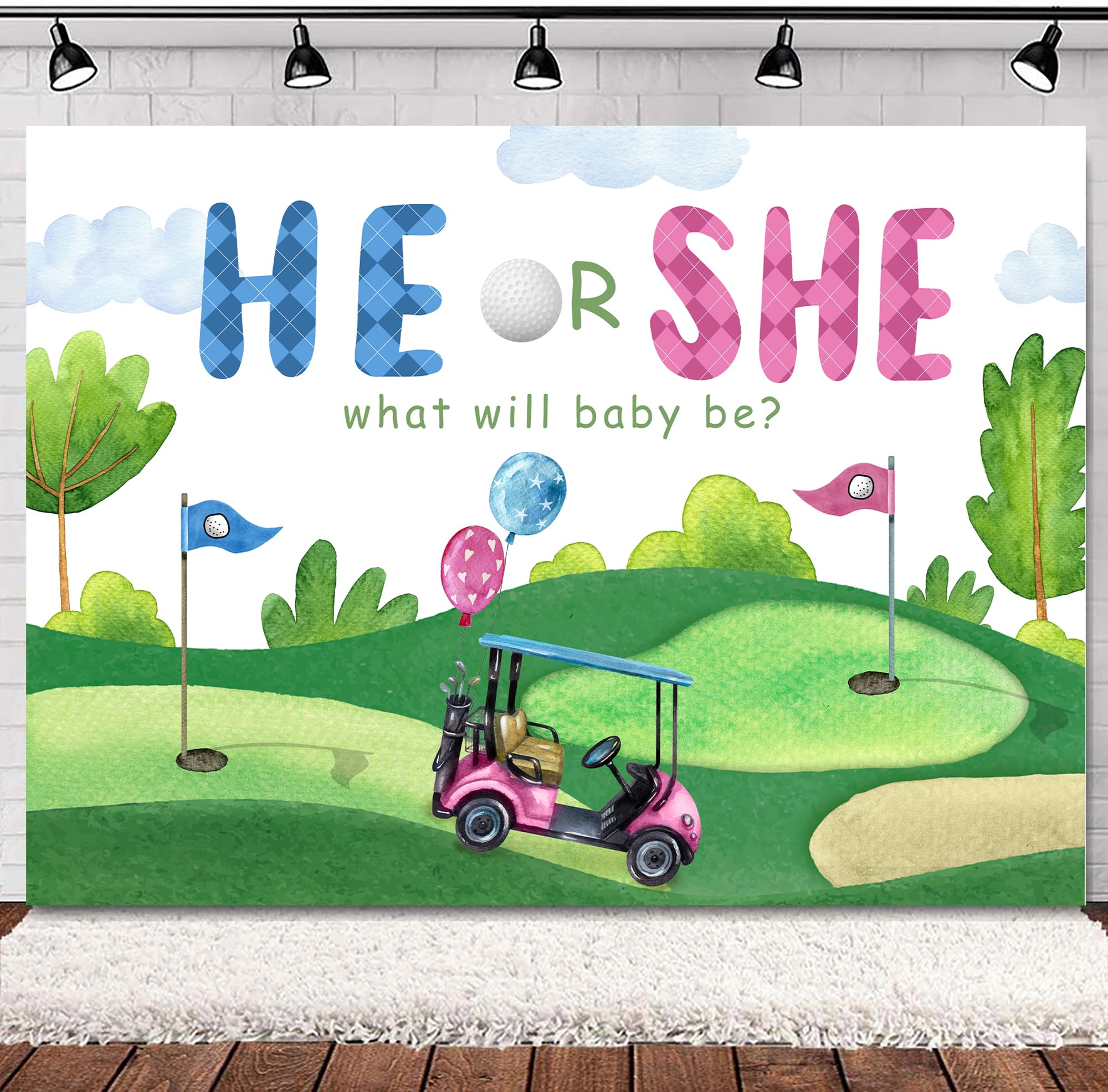 Svbright Golf Gender Reveal Backdrop 7Wx5H He Or She Baby Shower What Will Baby Be Cartoon Sports Watercolor Blue Sky White Clou