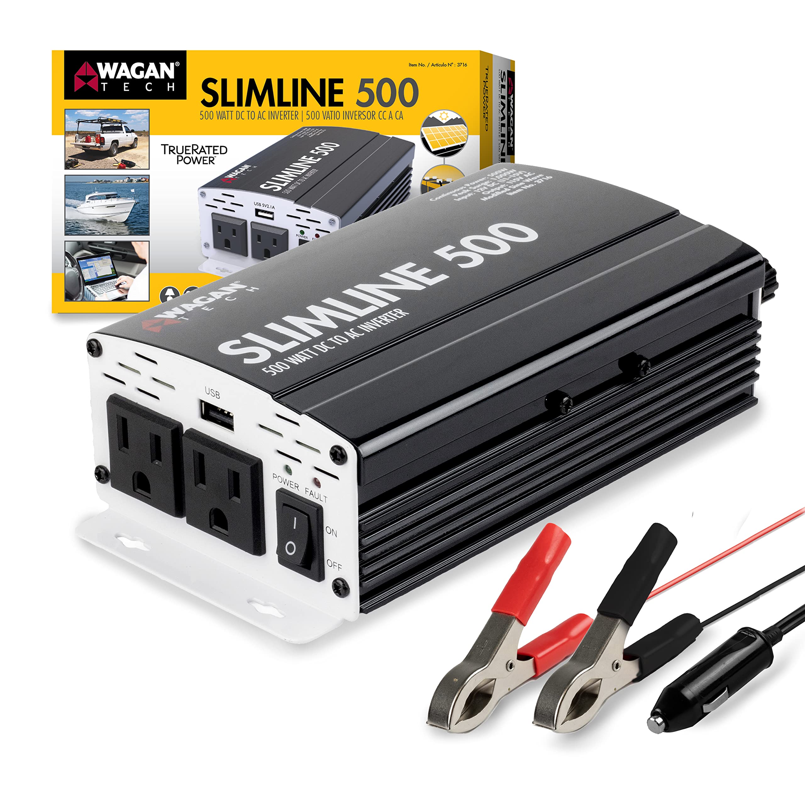 Wagan EL3716 500W Slim Line AC to DC Power Inverter 500W TrueRated Continuous 1000W Surge Power DC 12V to AC 110V Power Inverter