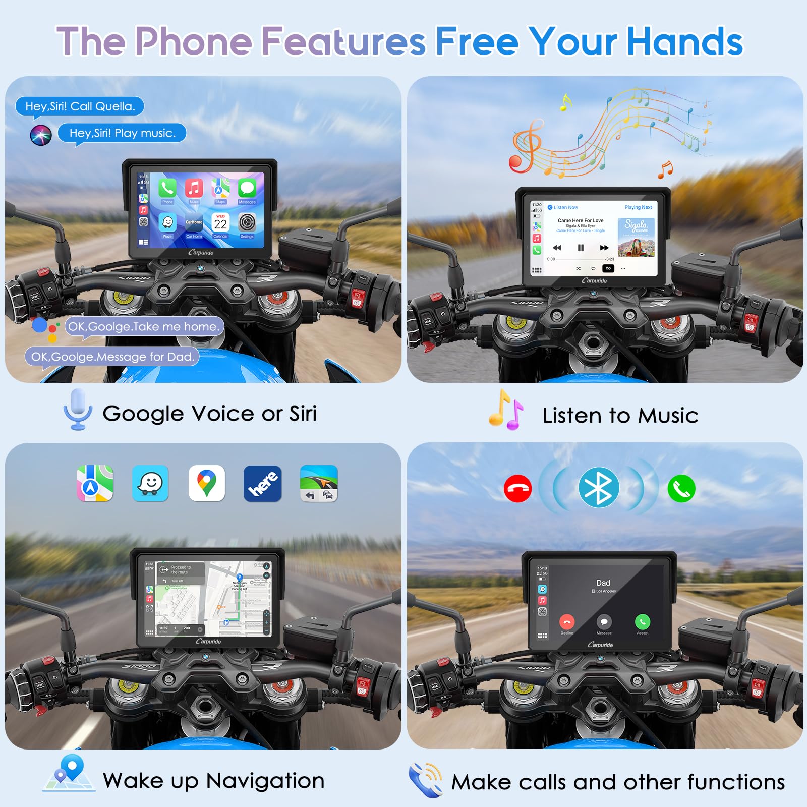 Carpuride W502B Pro For B.M W Motorcycle Carplay & Android Auto & Dual Bluetooth, 5'' Waterproof Gps Navigation Screen For Motor