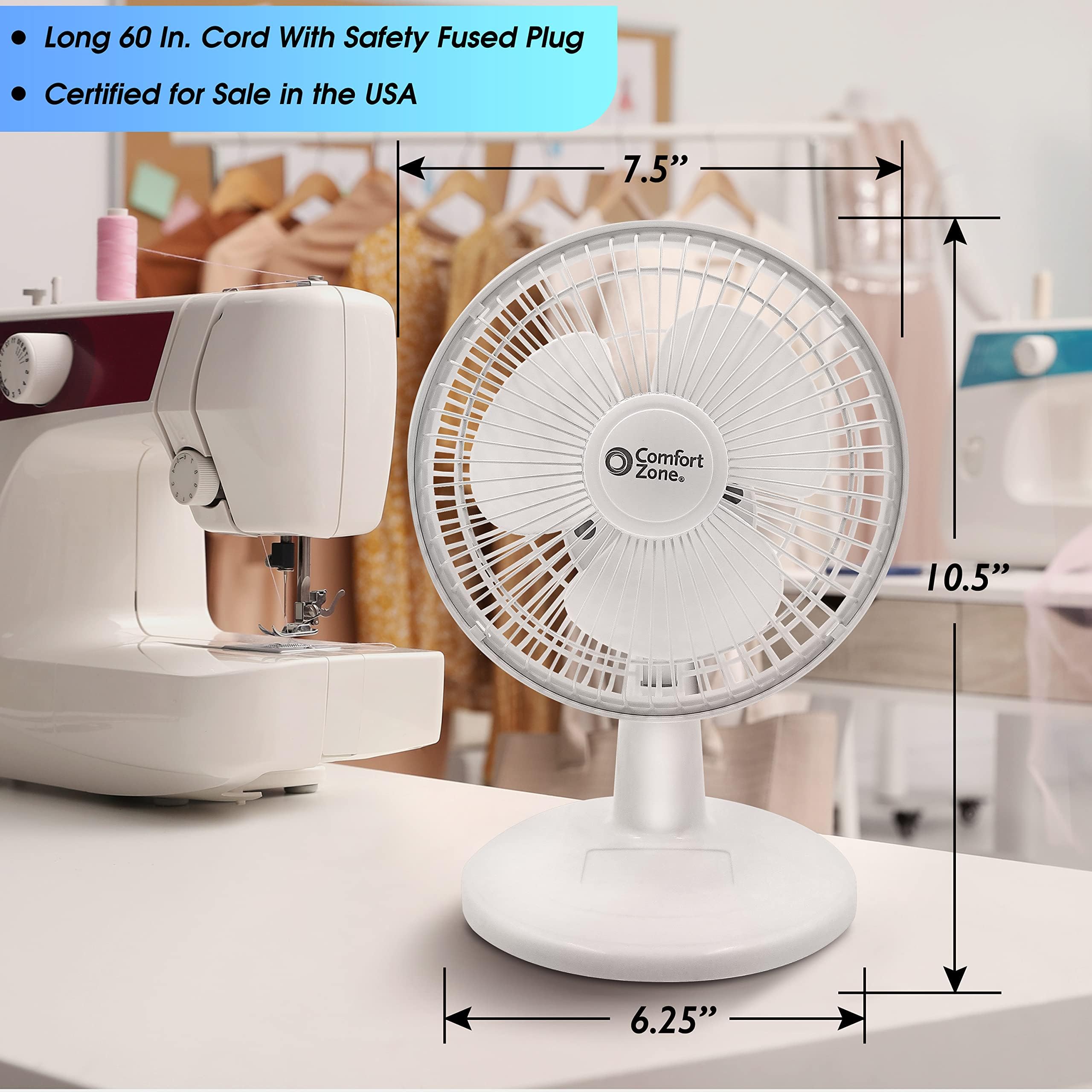 Comfort Zone 6 Inch Mini Desk Fan With Fully Adjustable Tilt, Portable 2 Speed Tabletop Fan, Quiet Bedside Or Office Fan With St
