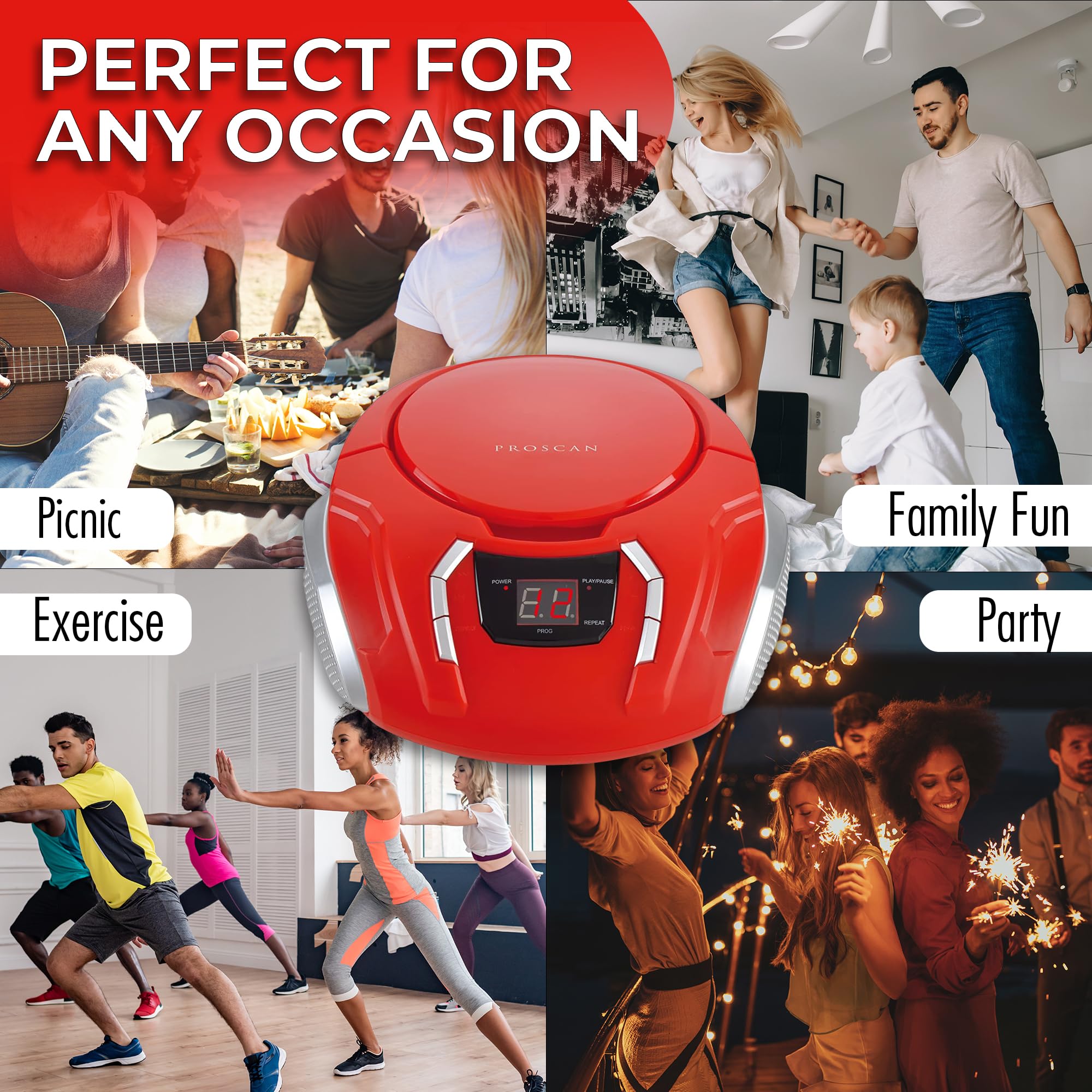 Proscan Elite Portable Cd Boombox With Am/Fm Radio   Red