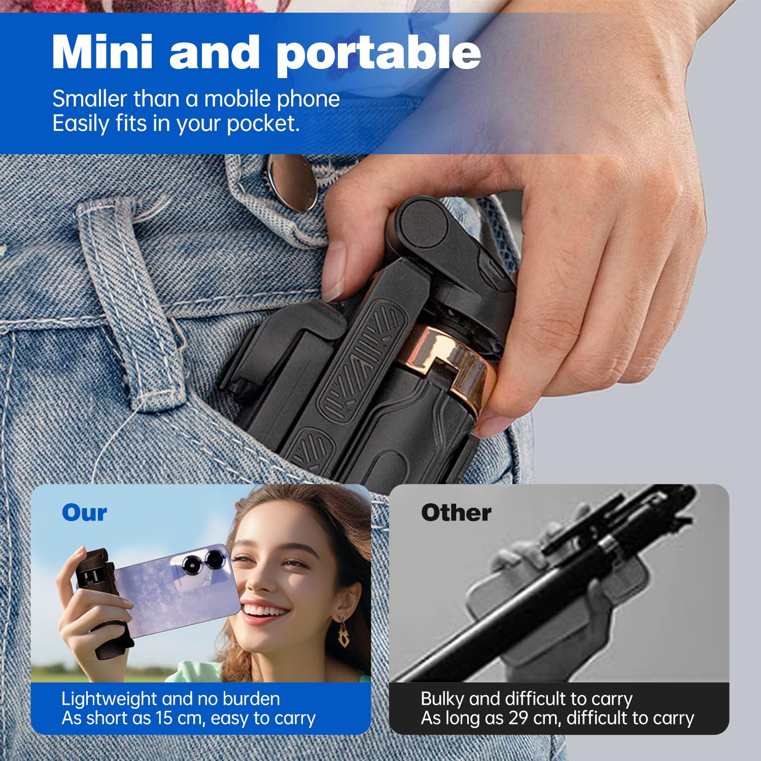 Hytamy Selfie Stick Tripod, Portable Pocket Size Selfie Stick, Extendable Detachable Cell Phone Tripod With Wireless Detachable