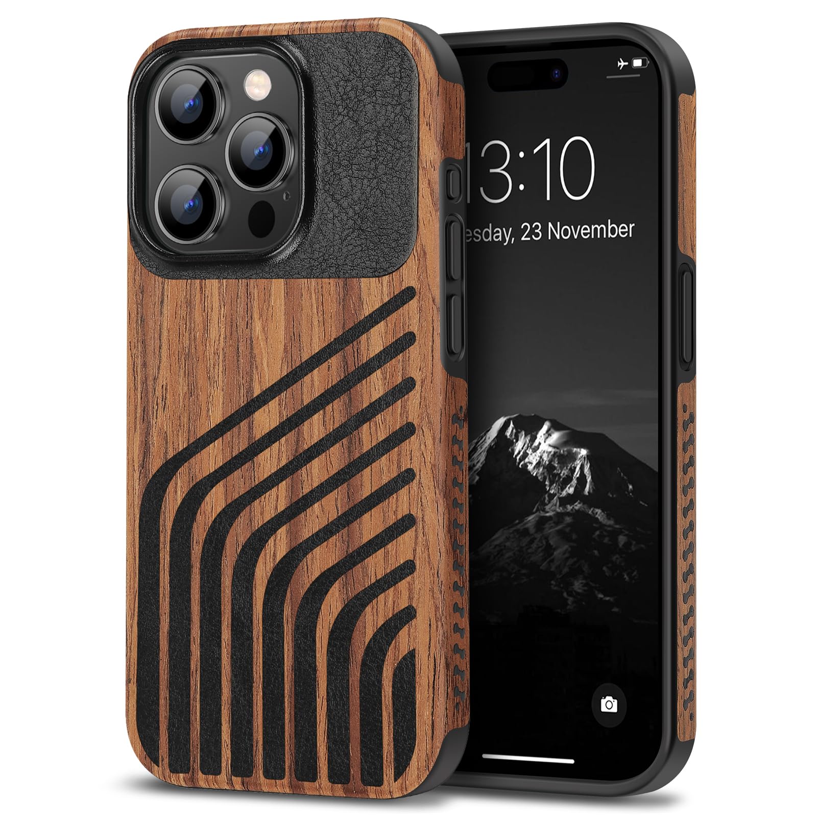 TENDLIN Compatible with iPhone 15 Pro Case Wood Grain with Carbon Fiber Texture Design Leather Hybrid Slim Case (Hairline)
