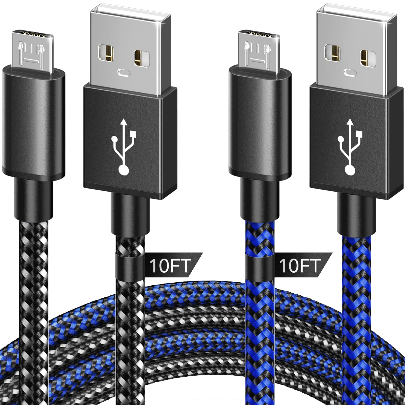 6amLifestyle 10ft PS4 Controller Charging Cable 2 Pack - Nylon Braided Micro USB 2.0, Compatible with PlayStation 4, PS4 Slim/Pro, Xbox One S