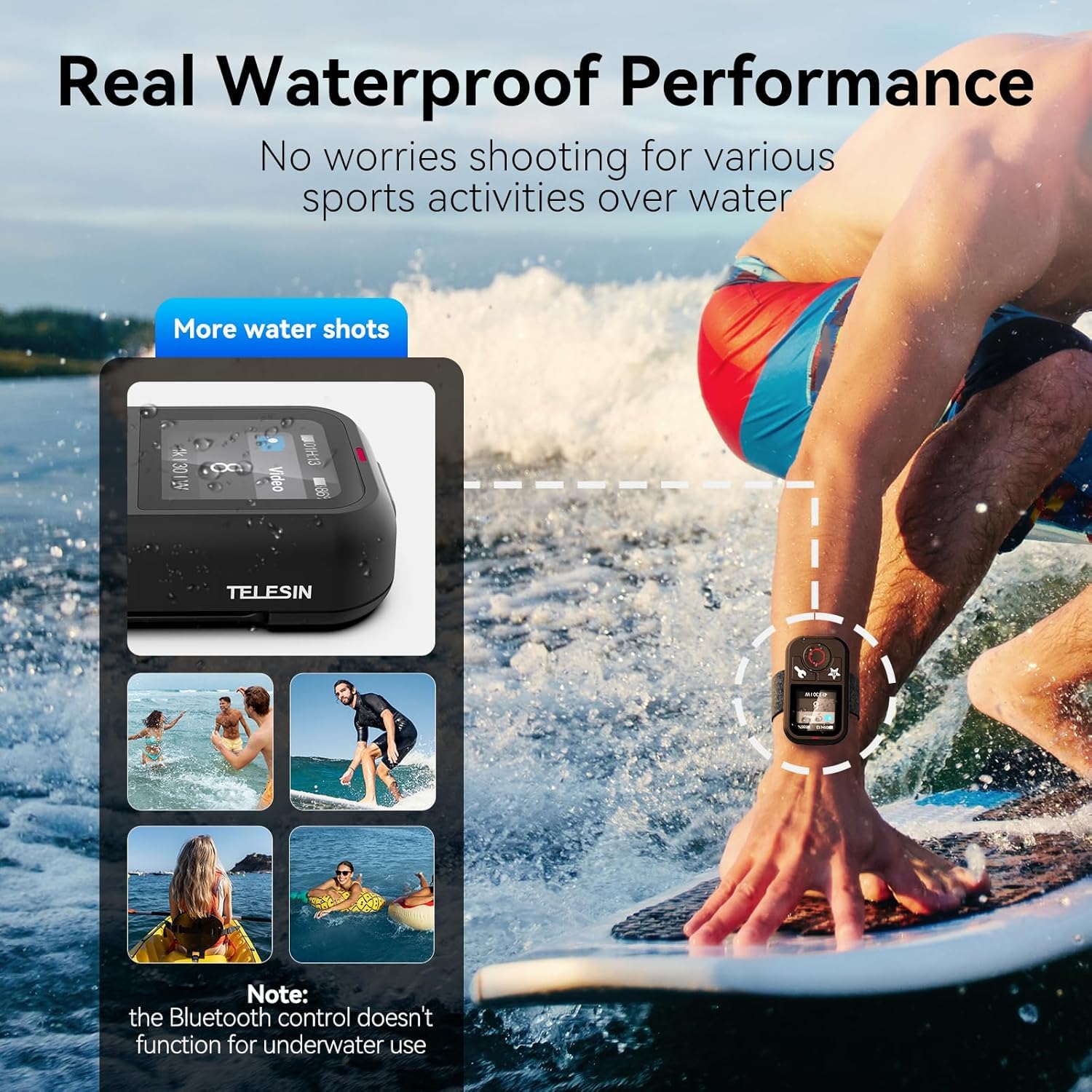 Telesin T13 Waterproof Smart Remote Control With Color Lcd Screen, 5-60M Wireless Remote With Wrist Strap, Compatible With Gopro