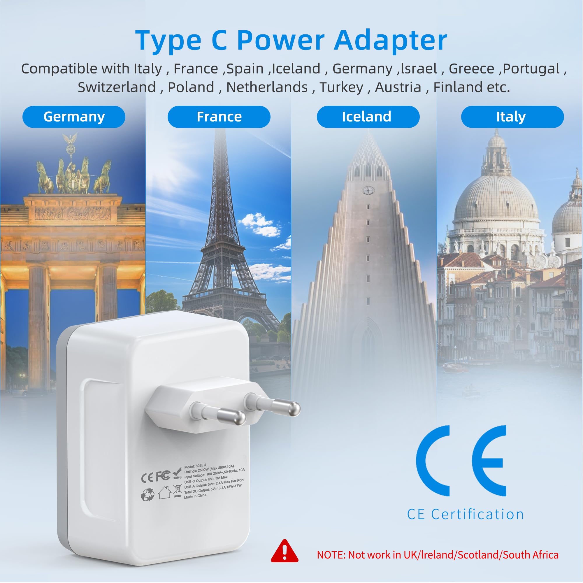 Yinleader European Travel Plug Adapter Usb C International Plug Adapter With Ac Outlet And 3 Usb Ports, Type C Power Adaptor Cha