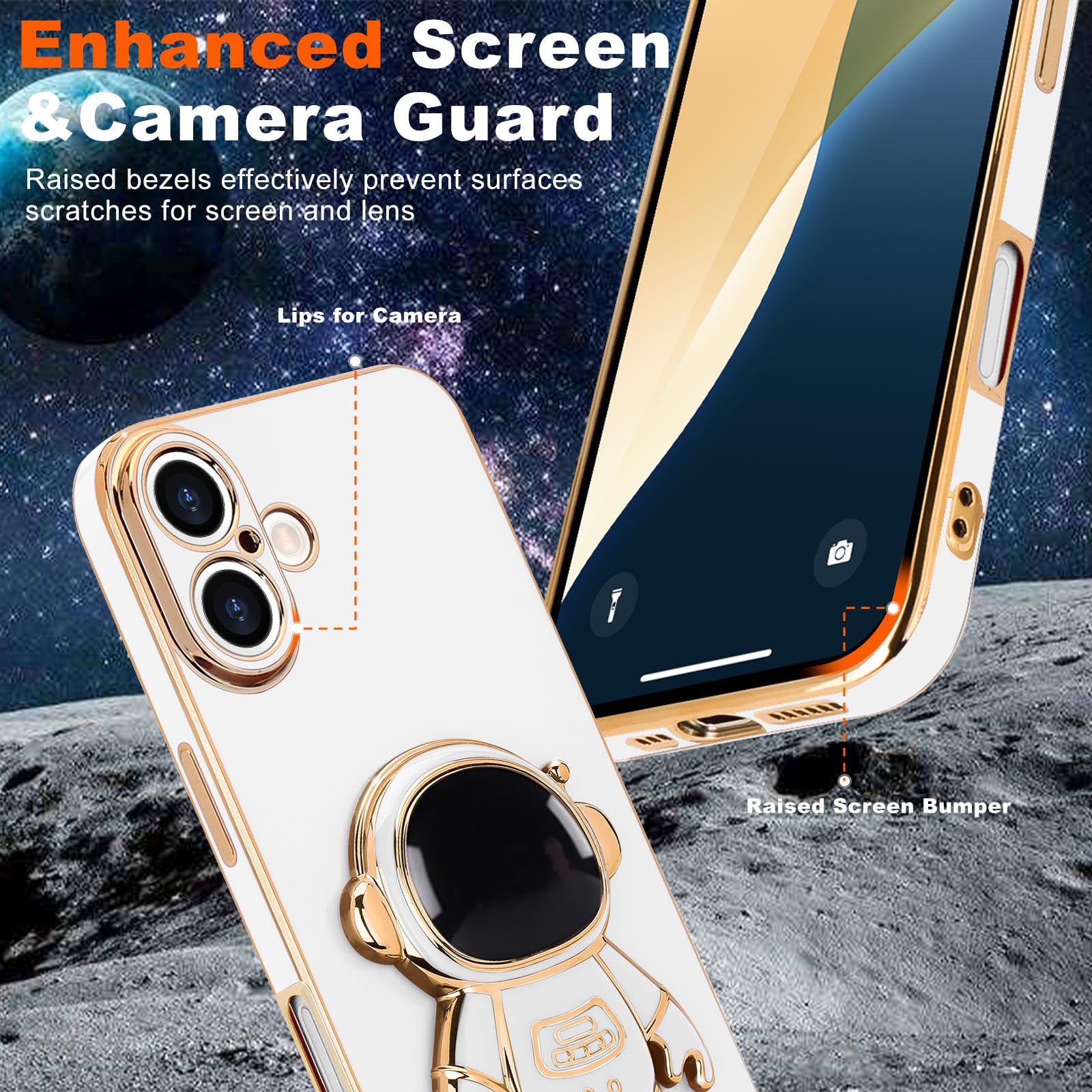 Pepmune For Iphone 16 Case, Cute 3D Astronaut Stand With [2 Screen Protector] [Camera Protection] Kickstand Shockproof Bling Sil