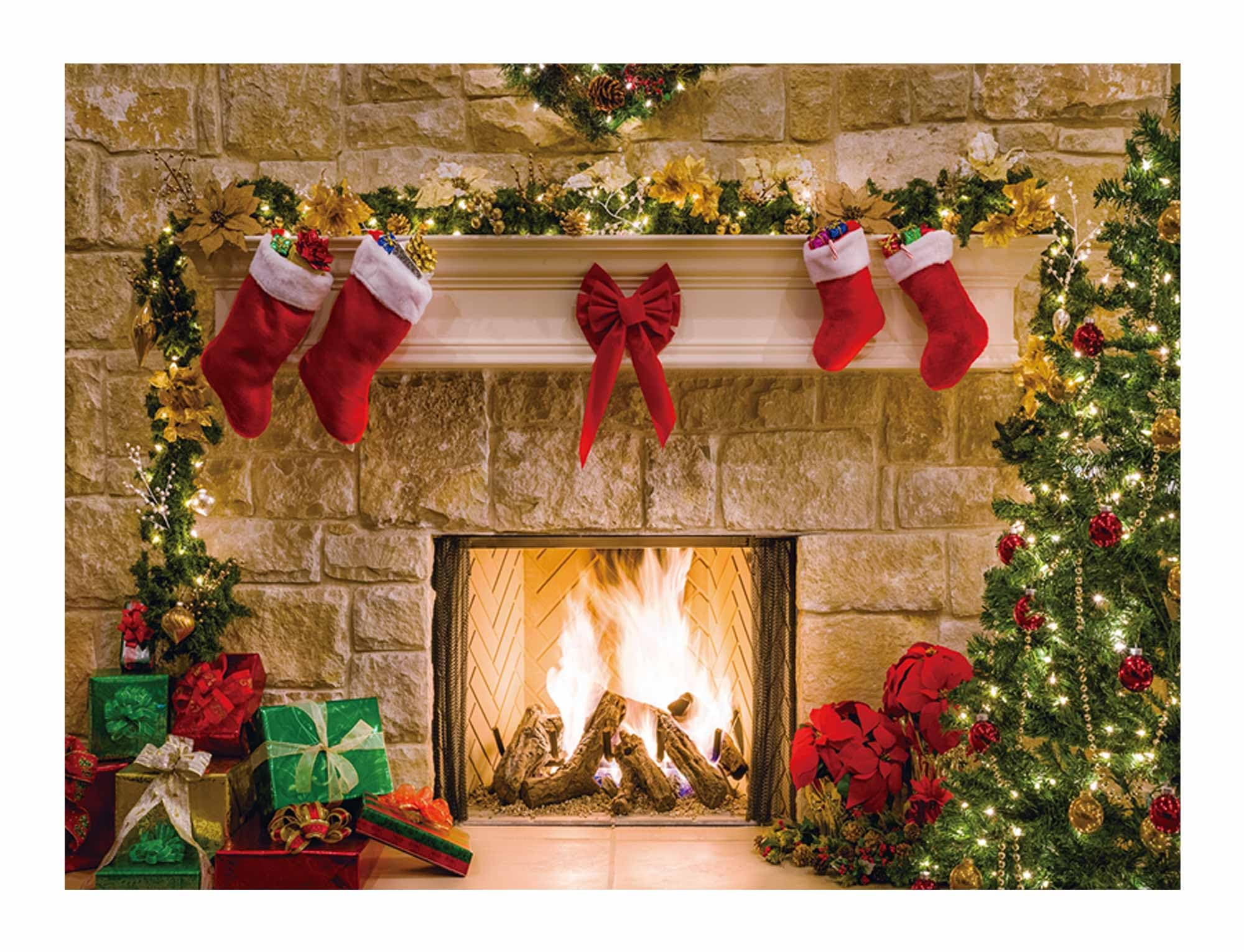 Funnytree 8X6Ft Christmas Fireplace Backdrop Interior Vintage Xmas Tree Stockings Photography Background Portrait Photobooth Par