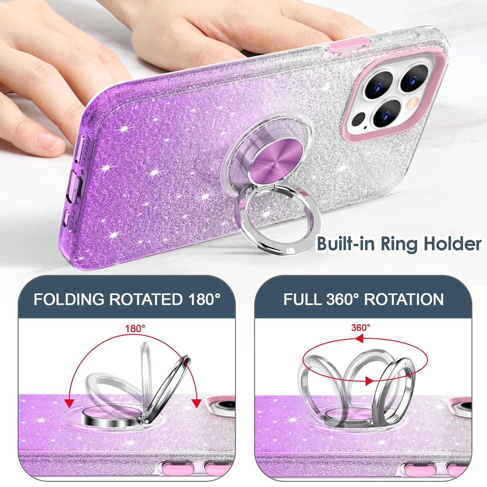 Hython For Iphone 13 Pro Case With Ring Stand [360 Rotatable Ring Holder Magnetic Kickstand] [Support Car Mount] Cute Sparkly Gl