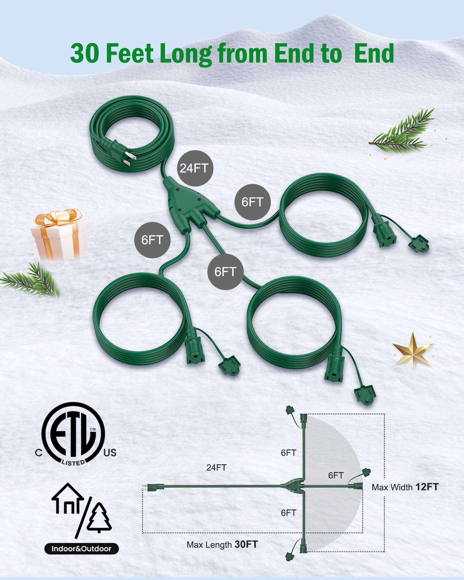 Brightown Outdoor Extension Cord 1 To 3 Splitter, Max 30Ft End To End (42Ft Total), 3 Way 16/3C Sjtw Weatherproof Wire For Outdo