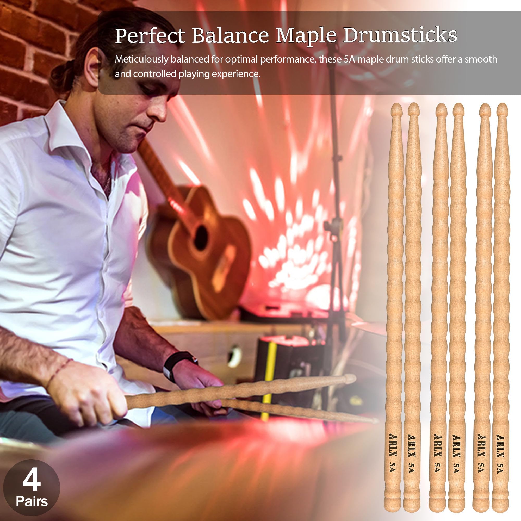 Arlx Drum Sticks 5A 4 Pair Maple Wood Drumsticks Non Slip Wave Design For Drums (4 Pair Wave 5A Drum Sticks)