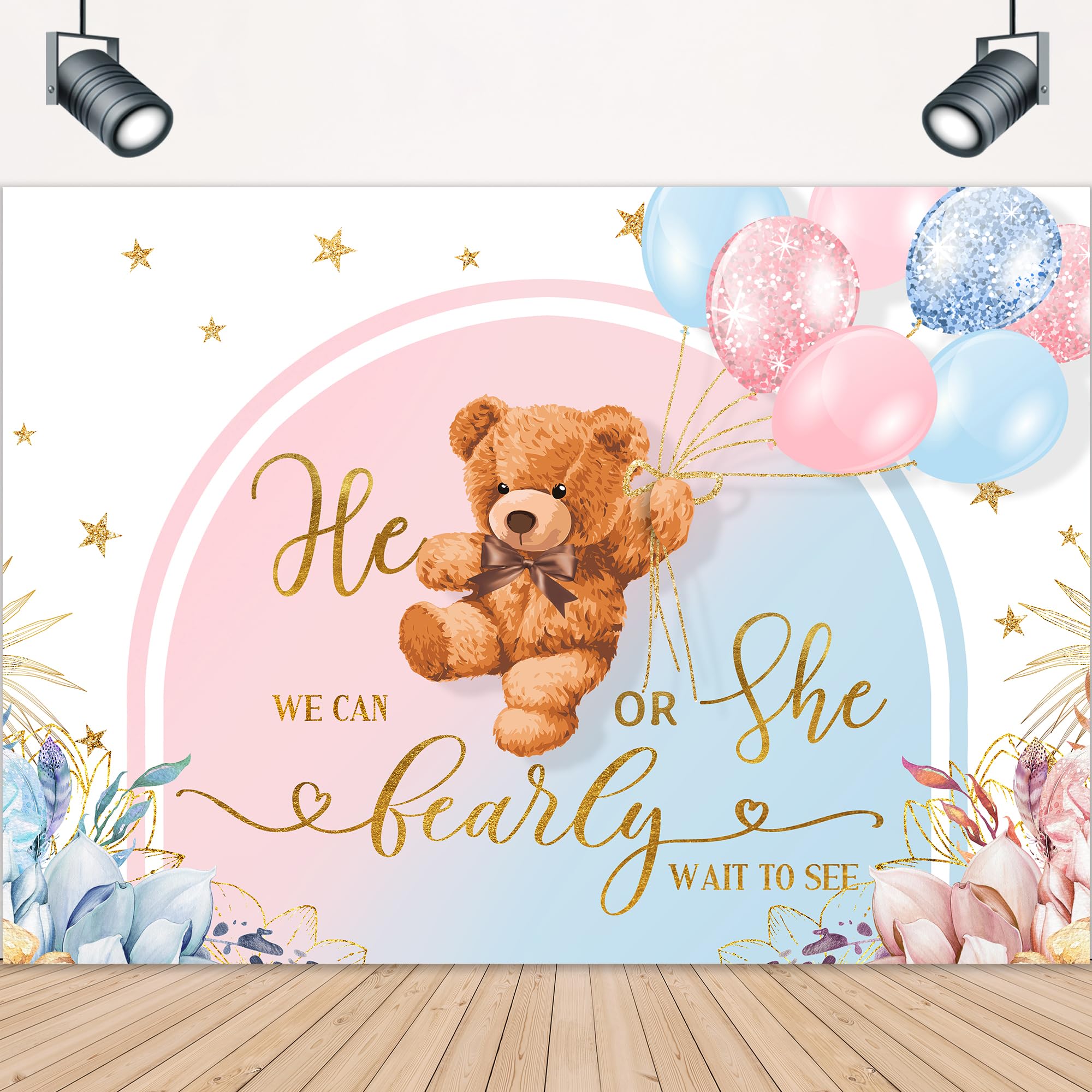 Lightinhome He Or She Gender Reveal Backdrop 7Wx5H Feet Pink Or Blue We Can Bearly Wait Boho Floral Cartoon Cute Bear Baby Showe