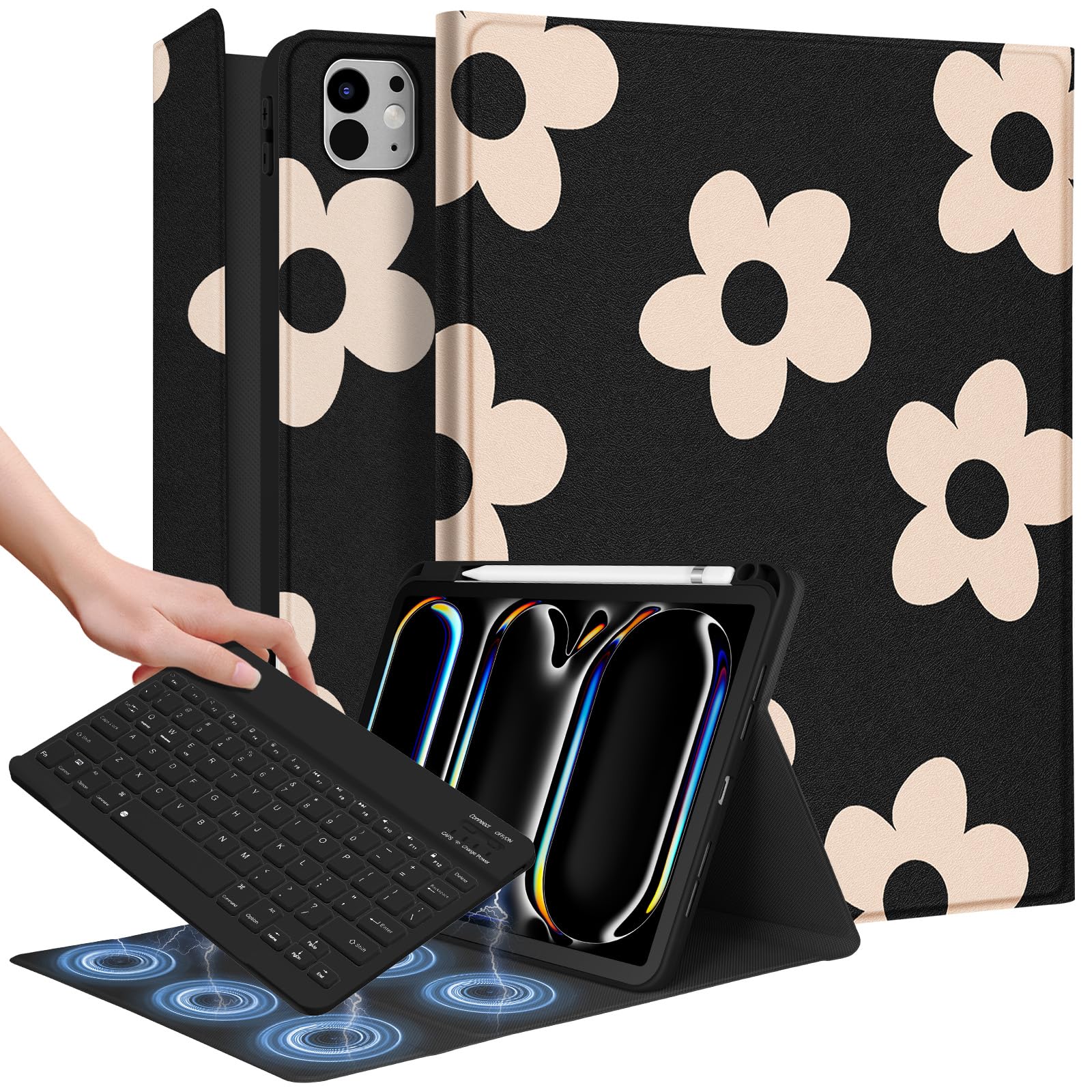 Wazzasoft for iPad Pro 11 inch Case with Keyboard M4 - Pencil Holder Folio Women Girls Cute Kawaii Unique Design for Apple Table