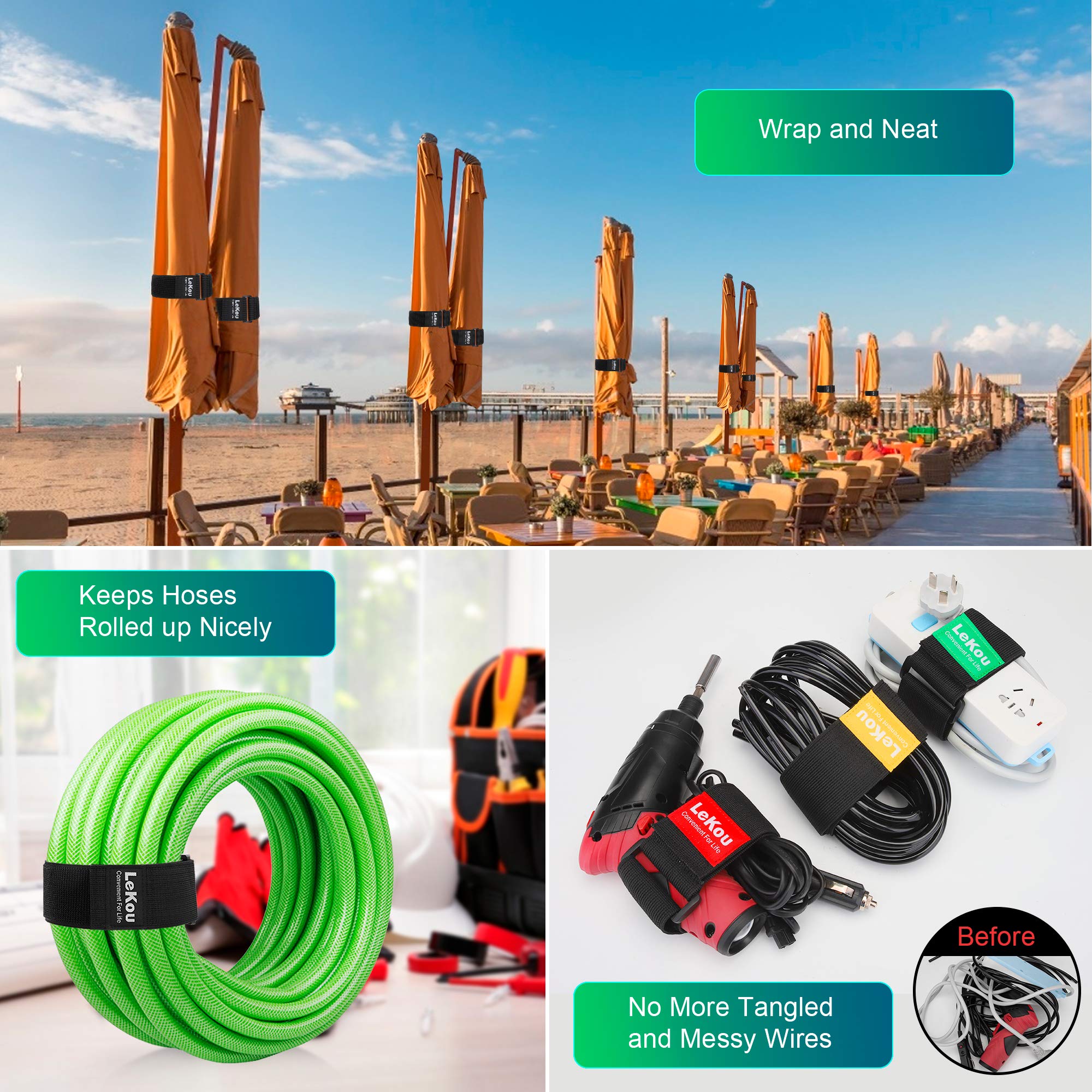 Lekou Elastic Cinch Straps Black 2'' X 18'' (8 Pack), Stretchy Hook And Loop Storage Straps Hook And Loop Cinch Strap With Buckl